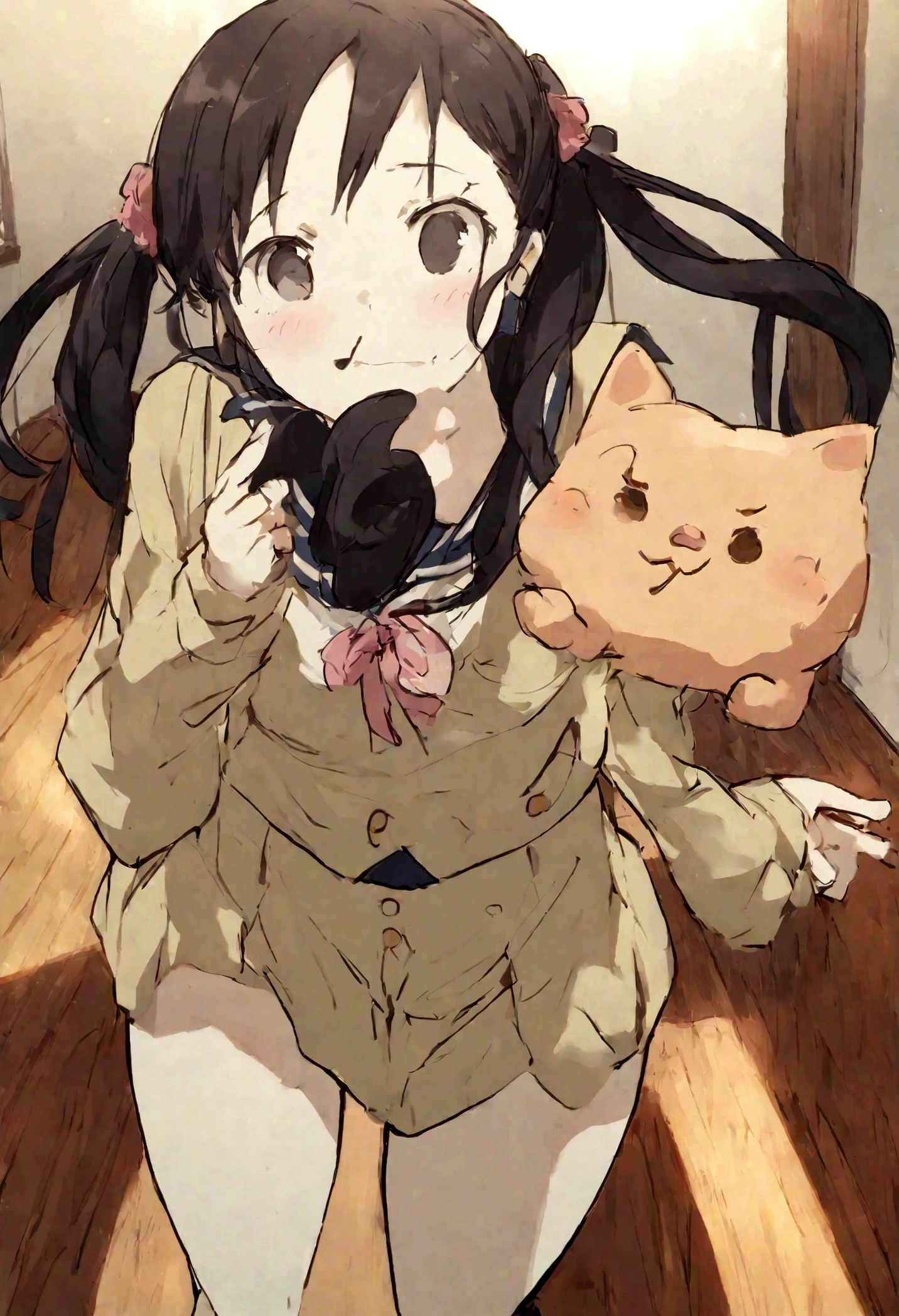 masterpiece、highest quality、Anime Style、Anime works、Not like AI、I don't understand that it's AI、Adorable、Young face、Black Hair、Twin tails、high school student、Short、Small breasts、Black Eye、Cute Sailor Suit、Kyoto Animation Style、1 person、School、classroom、No shadows、whole body、