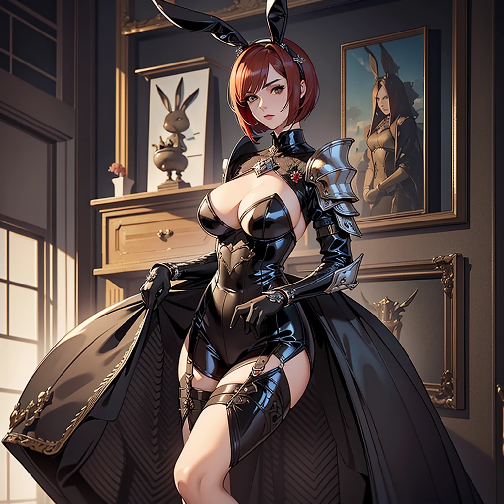 ((best quality)), ((masterpiece)), (detailed),High quality, Ultra detailed, best quality, insanely detailed, beautiful, masterpiece,(1 tall woman),20s,((Bunny girl)), black metalic bunny suit,heavy armour,(red short bob hair),bunny warrior