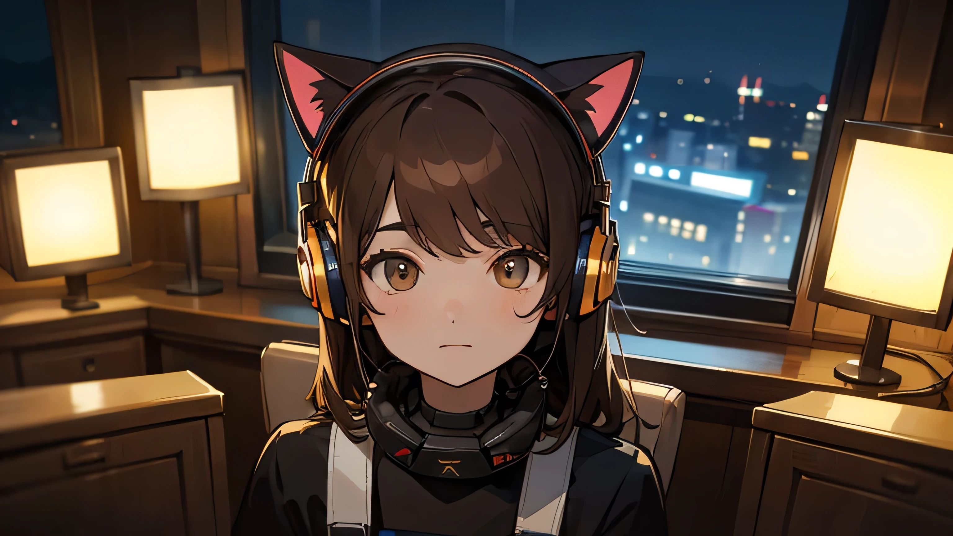 Room with speakers、Cat with headphones、Upper body close-up、night、Brown Hair、Sitting in a chair