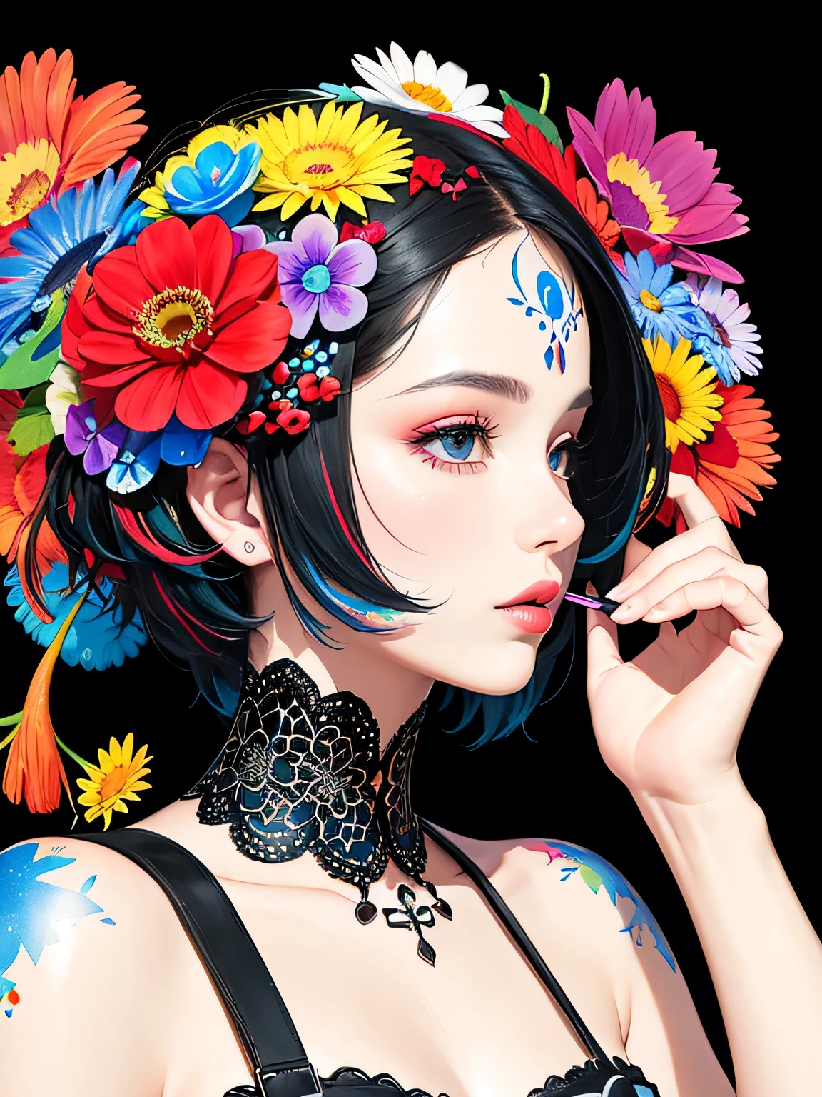 Black Star Red and White Style、(((stylish fashion))), 8K Quality、Intense watercolor, Detailed watercolor art, Watercolor splash, Surreal, avant-garde pop art, Beautiful and expressive paintings, Beautiful artwork illustration, Very colorful tones, wonderful, Cool beauty, highest quality、Official Art, Vector art, Stylish design, (((The most beautiful girl))), (((highest quality))), HDR, ((detailed)), (((Doodle Art)), ((masterpiece)), ((Super detailed)), (((Colorful flowers))),(((Stylish))), Lips in Love, Background is SKULL