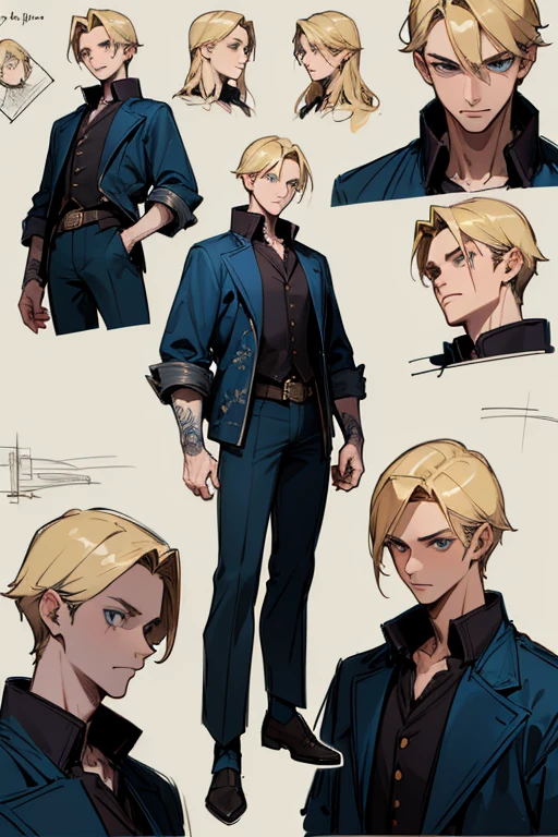 ( Absurdly , High quality , ultra detailed ) ,( hand detailed ) , 1boy, solo, teen, , (concept art, character sheet, character sketch),absurdres(highly detailed beautiful face and eyes)perfect anatomy, (Male), (((lean-body))) ((thin body)) (fit), (dark-blue eyes), crimson shirt, blue jacket, trousers (multiple views) (sketch), intense eyes, (concept art, character sheet), blond hair, 