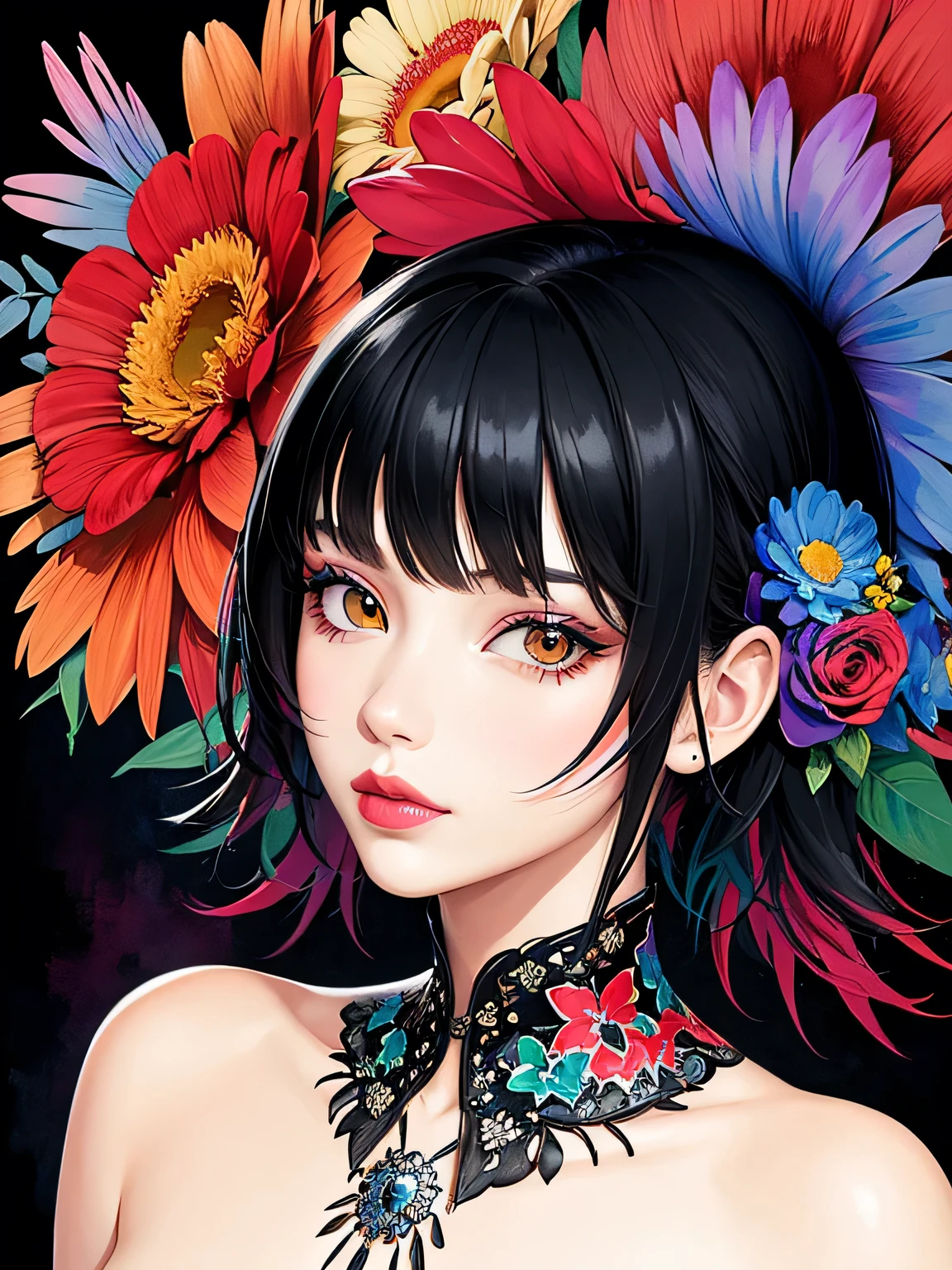 Black Star Red and White Style、(((stylish fashion))), 8K Quality、Intense watercolor, Detailed watercolor art, Watercolor splash, Surreal, avant-garde pop art, Beautiful and expressive paintings, Beautiful artwork illustration, Very colorful tones, wonderful, Cool beauty, highest quality、Official Art, Vector art, Stylish design, (((The most beautiful girl))), (((highest quality))), HDR, ((detailed)), (((Doodle Art)), ((masterpiece)), ((Super detailed)), (((Colorful flowers))),(((Stylish))), Lips in Love, Background is SKULL