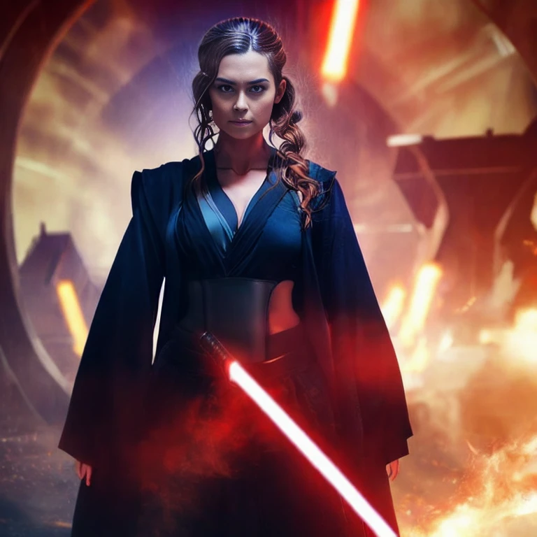 (1girl large breasts), bust upper body shot, Darth Zannah, black robes, star wars, standing, cleavage, midriff, cinematic lighting, epic, inspiring, hdr, highly detailed, cinematic composition, sthoutfit, in a death star base