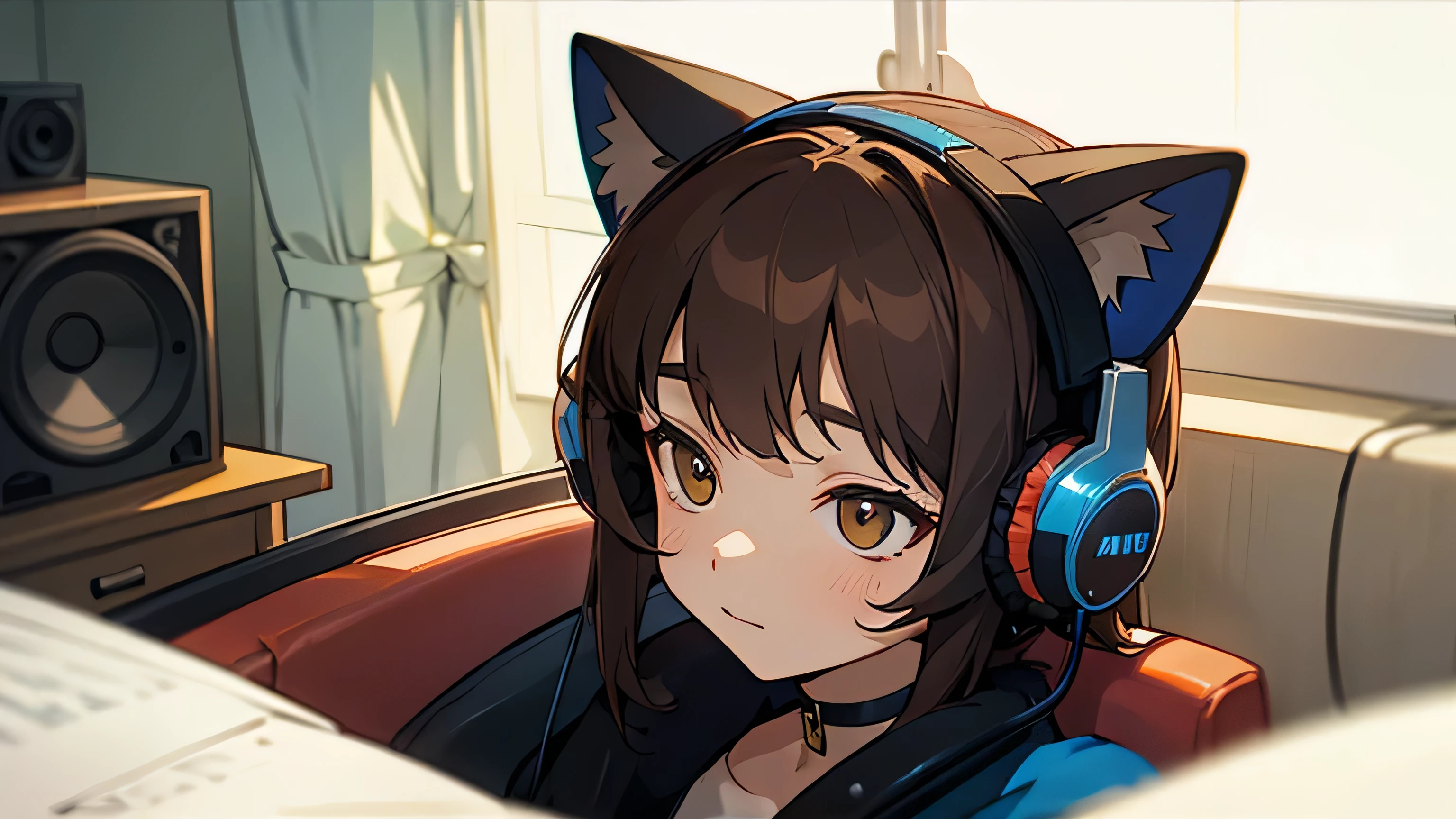 Room with speakers、Cat with headphones、Upper body close-up、night、Brown Hair、Sitting in a chair