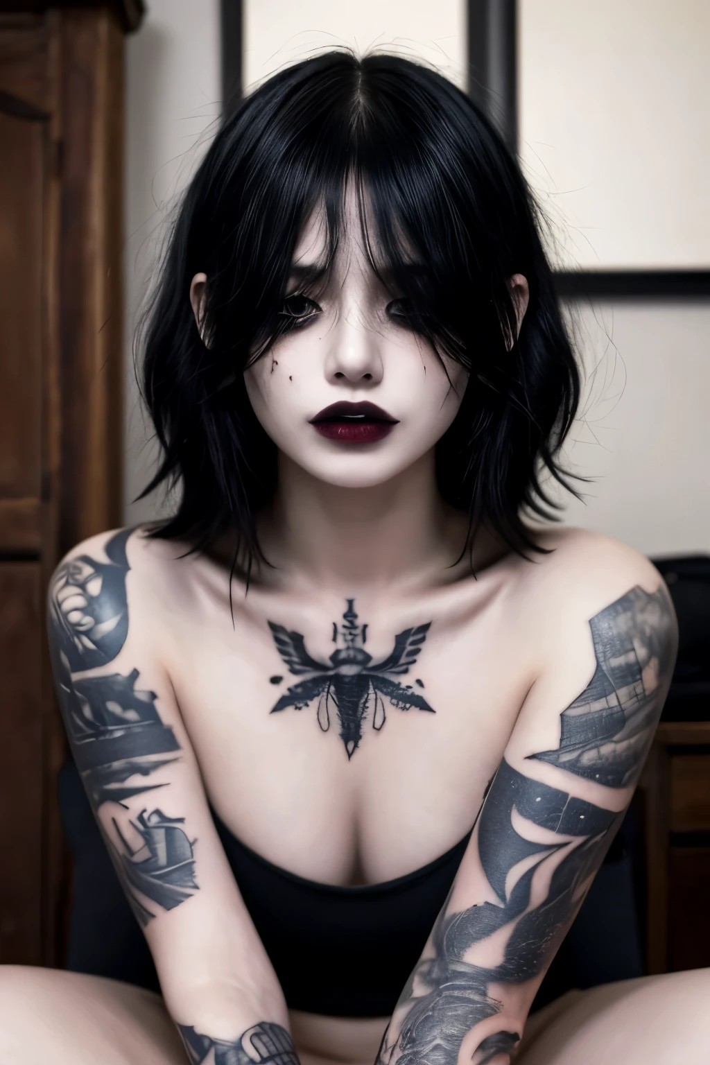 masterpiece, upper body, face portrait,  1girl, solo, black hair, hair over eyes, indoors, tattoos, goth, sitting