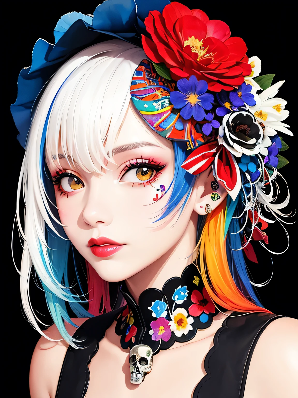 Black Star Red and White Style、(((stylish fashion))), 8K Quality、Intense watercolor, Detailed watercolor art, Watercolor splash, Surreal, avant-garde pop art, Beautiful and expressive paintings, Beautiful artwork illustration, Very colorful tones, wonderful, Cool beauty, highest quality、Official Art, Vector art, Stylish design, (((The most beautiful girl))), (((highest quality))), HDR, ((detailed)), (((Doodle Art)), ((masterpiece)), ((Super detailed)), (((Colorful flowers))),(((Stylish))), Lips in Love, Background is SKULL