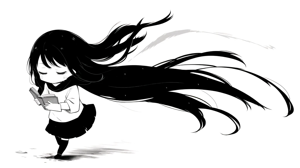 best quality, chibi, 1 girl,Long black hair,(full body), Pure white background,Vivid,clearly,sad face,rain,snow,Are crying,shout,Very long black hair blowing in the wind,Falling over,Are crying,holding a book in hand
