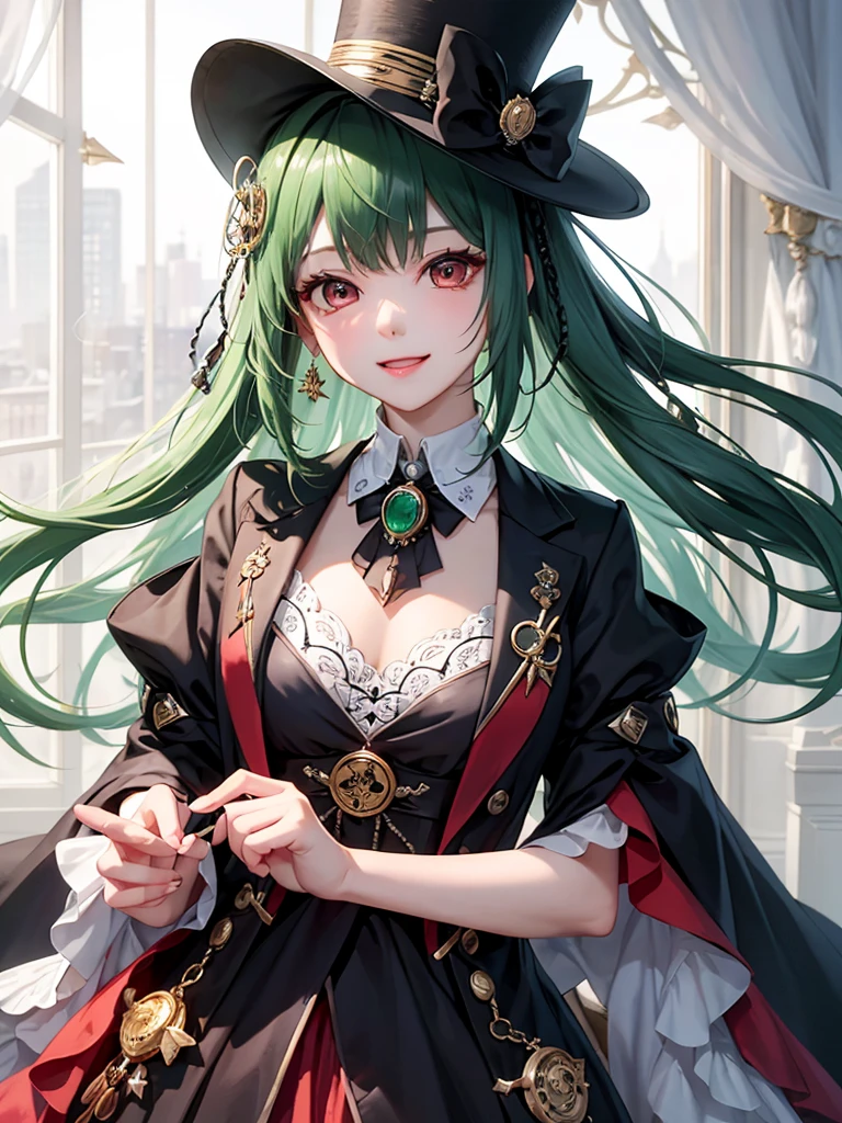 (((masterpiece、Highest image quality、highest quality、highly detailed unity 8kwallpaper)))、((Illustration of one girl、upper body))、(((beautiful girl)))、(librarian)、(Emerald green hair、sidelocks:1.2、red eyes、crazy smile)、(((flat chest)))、monocle、pocket watch、(((Black top hat、tuxedo)))、grand library