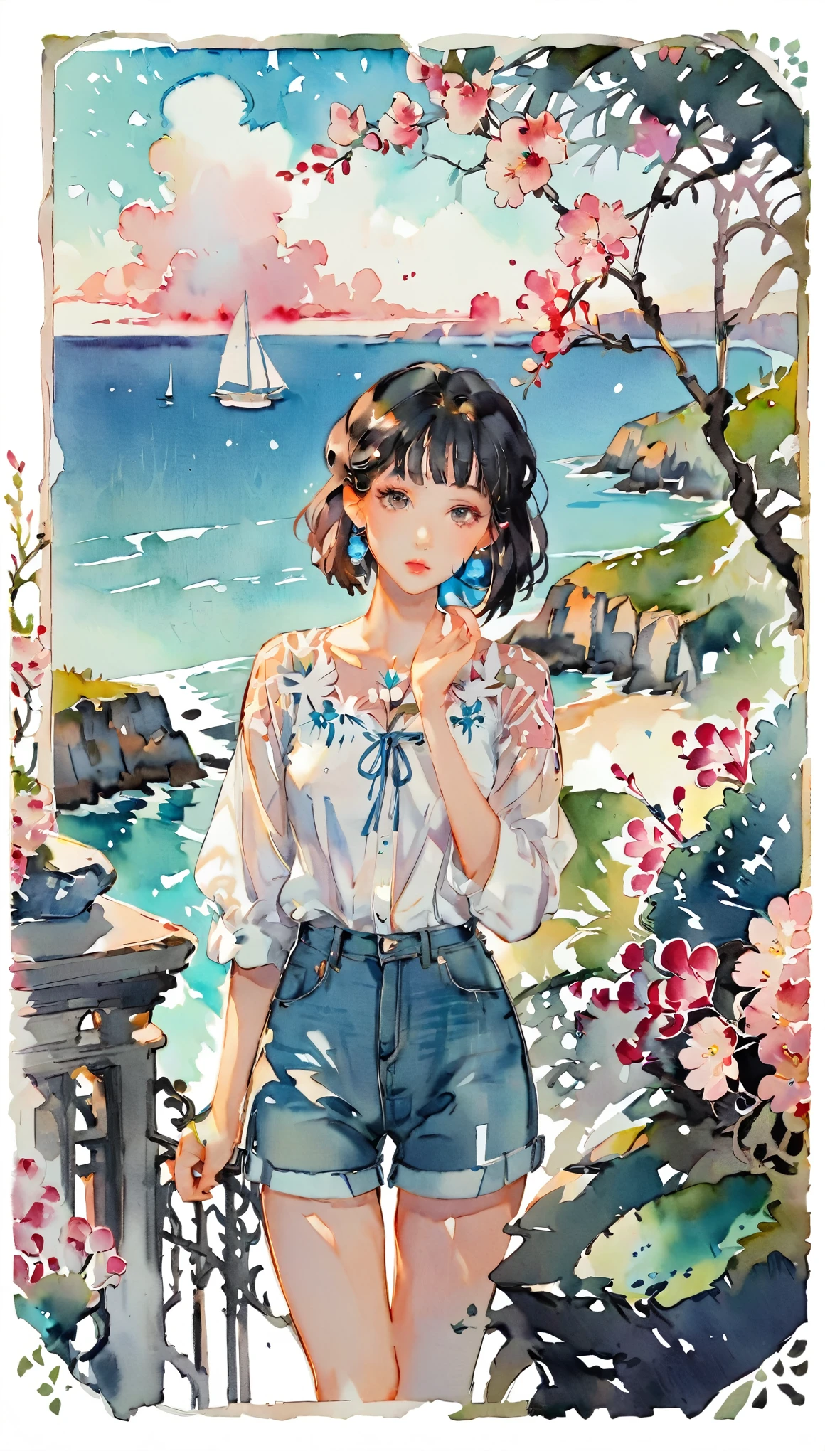 (((paper cutting style))), 1 girl, short black hair, straight hair, portfolio, shirts, denim, ocean and sky