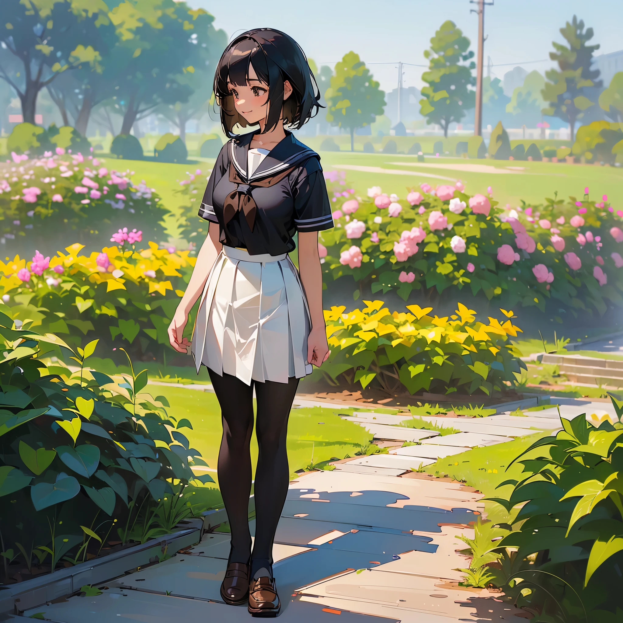 (highest quality, High resolution, Super detailed, Realistic:1.37), Peaceful atmosphere, (Outdoor, garden), Teenage girl standing alone,(my breasts are big.),Beautifully detailed features, Cute Smile, ((Black bob hair)),Short-sleeved sailor uniform, Pleated skirt,Black tights,Brown leather shoes.