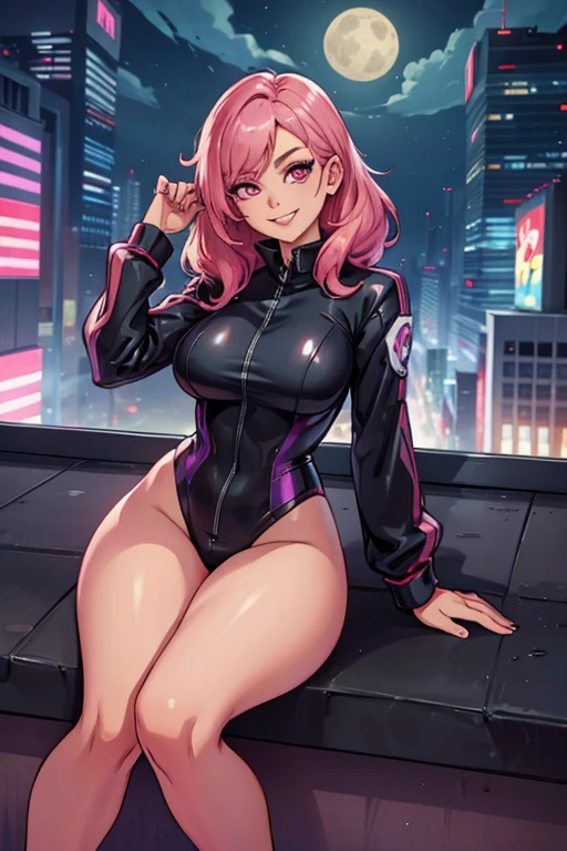 A pink haired female reaper with violet eyes with an hourglass figure in a soft pink spy jumpsuit is sitting on the ledge of a roof at night in a city with a big smile