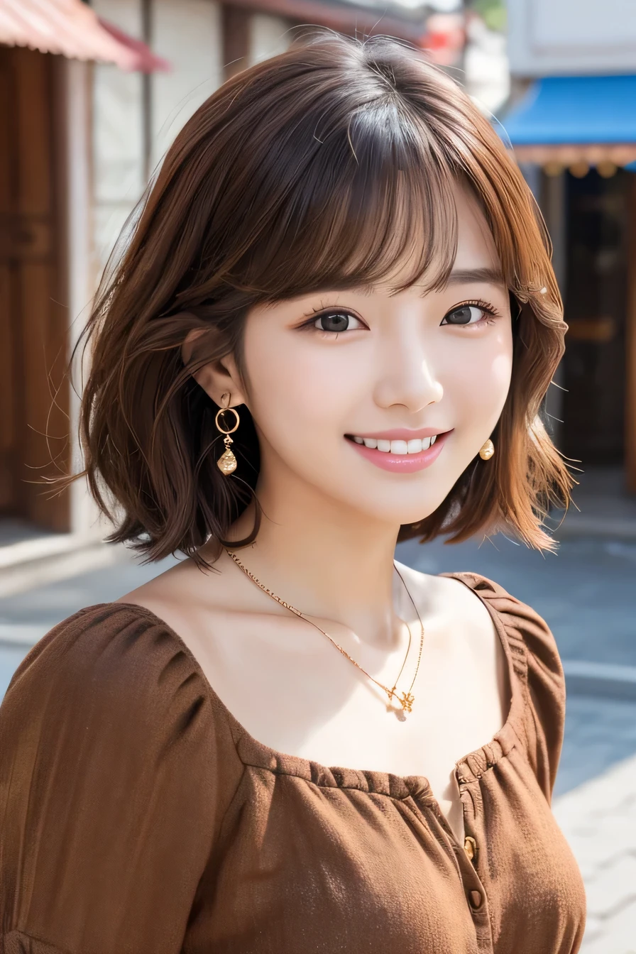 Beautiful young woman、 Korean women、Light brown hair、Wavy Hair、short hair、ear piercing、Necklace around the neck、blouse、smile、Laughing with your mouth open、Beautiful teeth alignment、Intricate details, Very detailed:1.2), 、 Looking into the camera,The background is the town