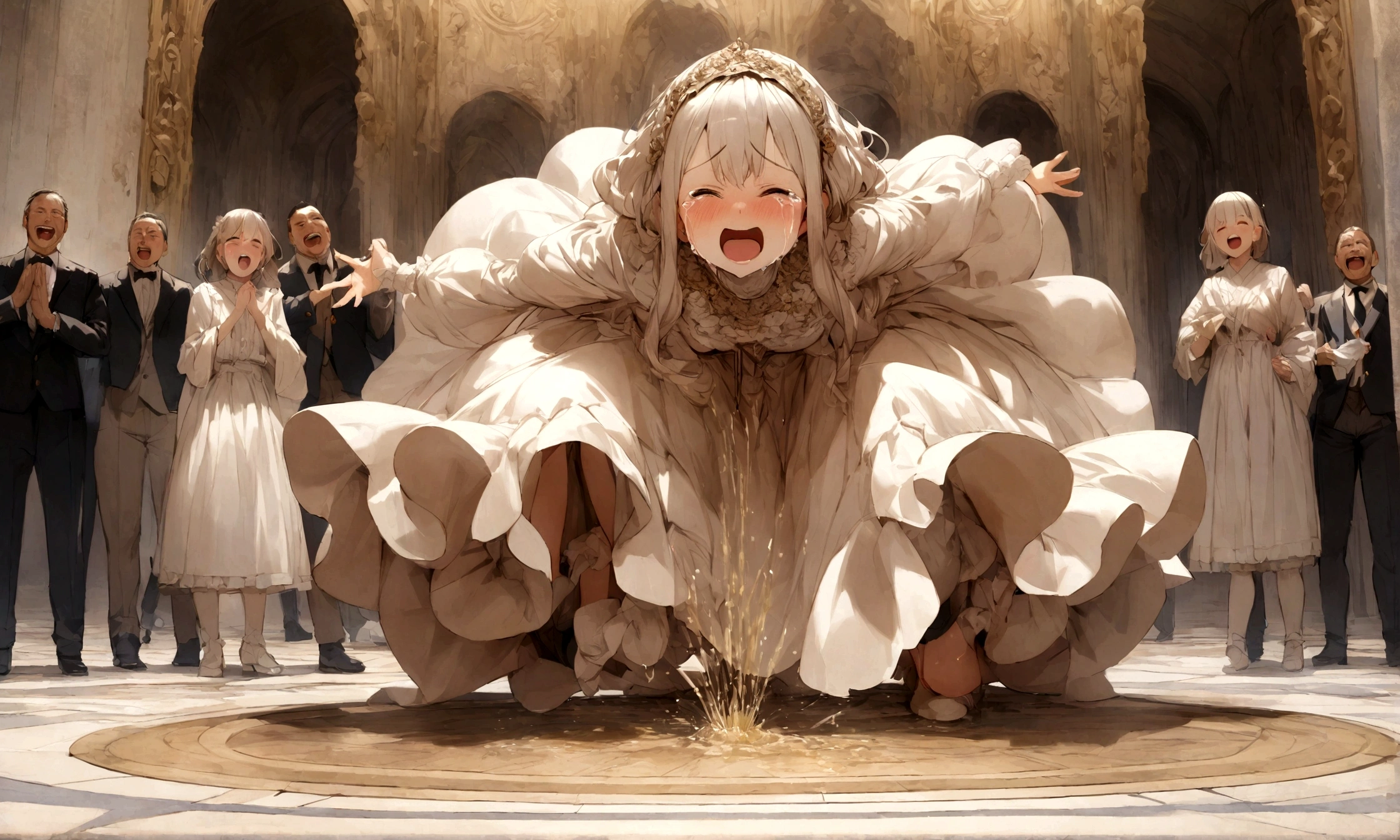 Lolicon crying, full body, naked peeing on the floor, excited daddy around