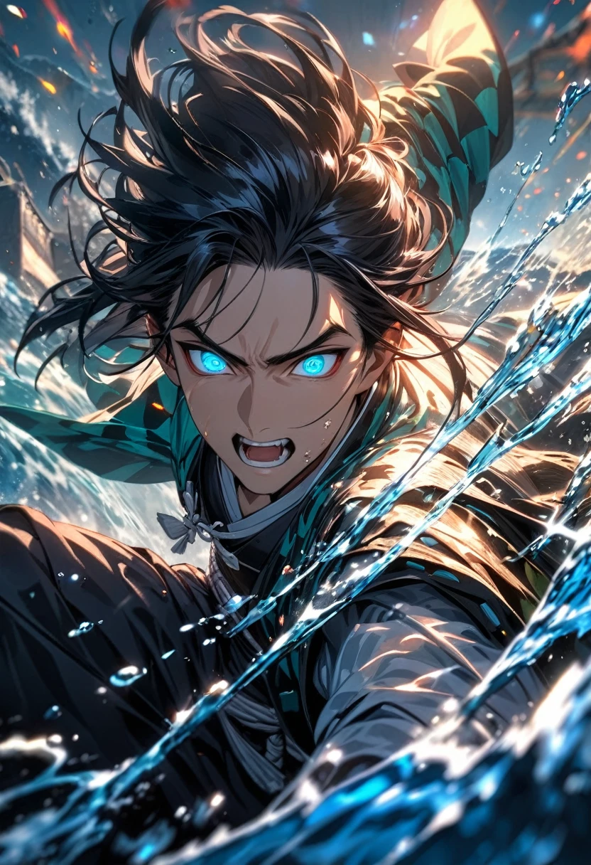 absurdres, highres, ultra detailed, HDR, masterpiece, extremely detailed face and eyes,Tanjiro , demon slayer , black hair , , solo, man, handsome, , , Epic fight scene, blue water splashing effect, glowing glitters