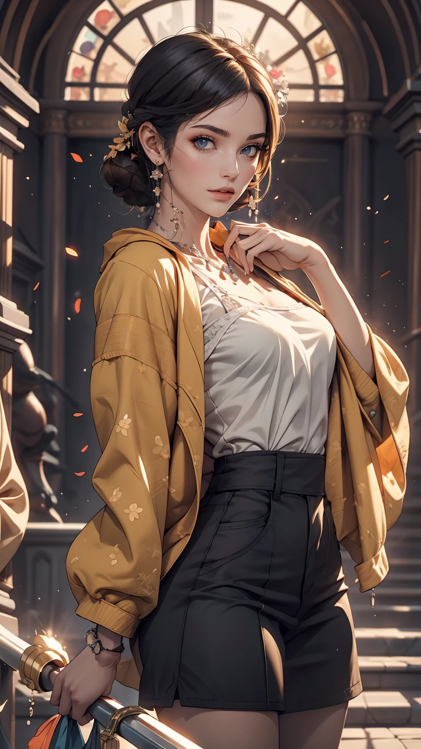 Medium Shot, Medium Shot, Depth of written boundary, bust, Upper Body, Movie angle, masterpiece, highest quality, Very detailed, CG, 8k wallpaper, Pretty face, Delicate eyes, Otome, alone, Long white hair, Yellow Eyes, hairpin, White shirt, black hooded jacket, Black baseball cap, Black Stockings, Black knee-high boots, sunset, 中世のport, port, Detailed water surface, Sun reflection