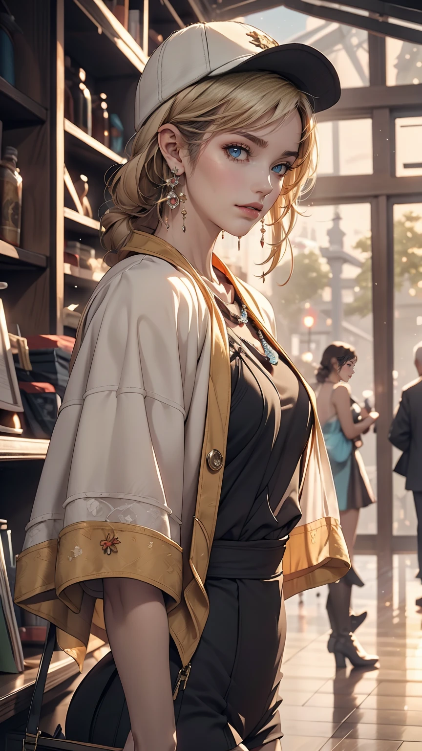 Medium Shot, Medium Shot, Depth of written boundary, bust, Upper Body, Movie angle, masterpiece, highest quality, Very detailed, CG, 8k wallpaper, Pretty face, Delicate eyes, Otome, alone, Long white hair, Yellow Eyes, hairpin, White shirt, black hooded jacket, Black baseball cap, Black Stockings, Black knee-high boots, sunset, 中世のport, port, Detailed water surface, Sun reflection