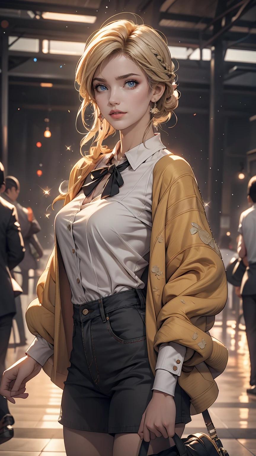 Medium Shot, Medium Shot, Depth of written boundary, bust, Upper Body, Movie angle, masterpiece, highest quality, Very detailed, CG, 8k wallpaper, Pretty face, Delicate eyes, Otome, alone, Long white hair, Yellow Eyes, hairpin, White shirt, black hooded jacket, Black baseball cap, Black Stockings, Black knee-high boots, sunset, 中世のport, port, Detailed water surface, Sun reflection