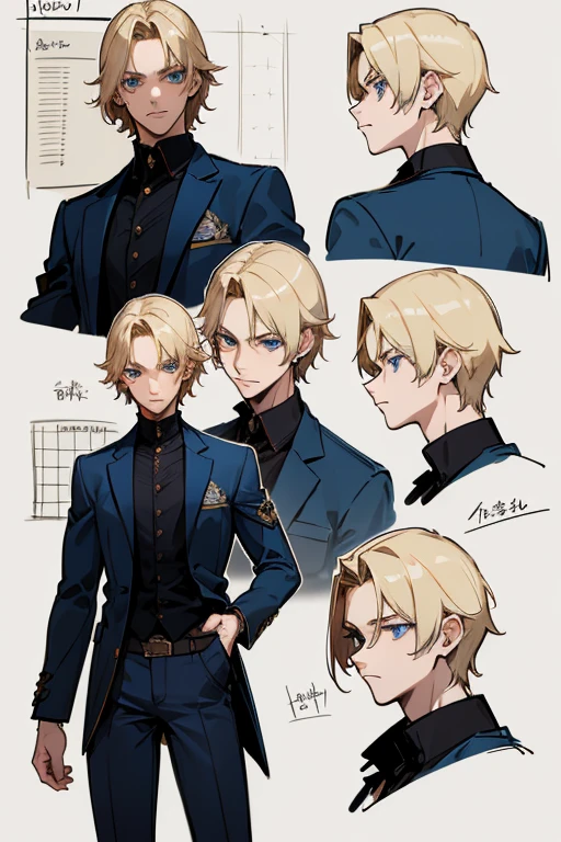 ( Absurdly , High quality , ultra detailed ) ,( hand detailed ) , 1boy, solo, teen, , (concept art, character sheet, character sketch),absurdres(highly detailed beautiful face and eyes)perfect anatomy, (Male), (((lean-body))) ((thin body)) (fit), (dark-blue eyes), crimson shirt, blue jacket, trousers (multiple views) (sketch), intense eyes, (concept art, character sheet), blond hair, short messy hair