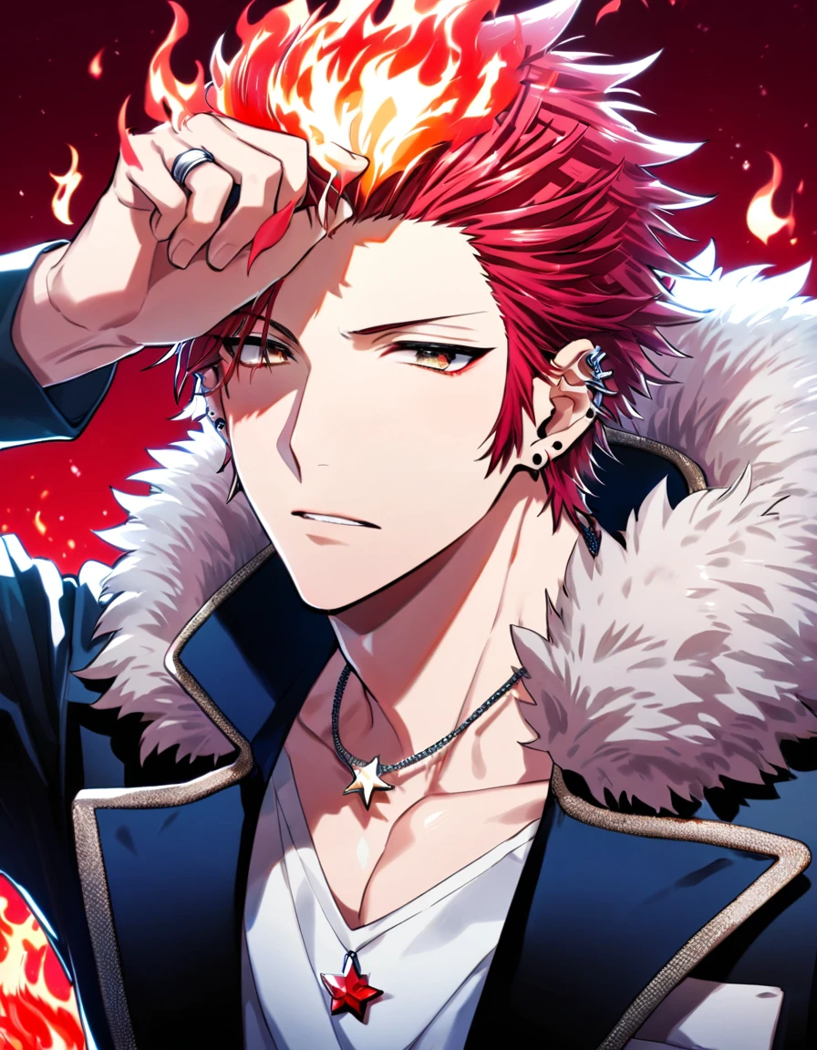 Ultra detailed, highres, absurdres, HDR, Suoh Mikoto, red hair is kept short and ruffled, hair spiked with two strands of hair near the opposite sides of his head falling over his face with distinct sideburns, expressive golden eyes, K Project, black jacket with a fur collar, white V-neck underneath, a star-shaped necklace, a piercing in his left ear, silver ring, fire, handsome, sexy man, red background, small red butterflies, flames