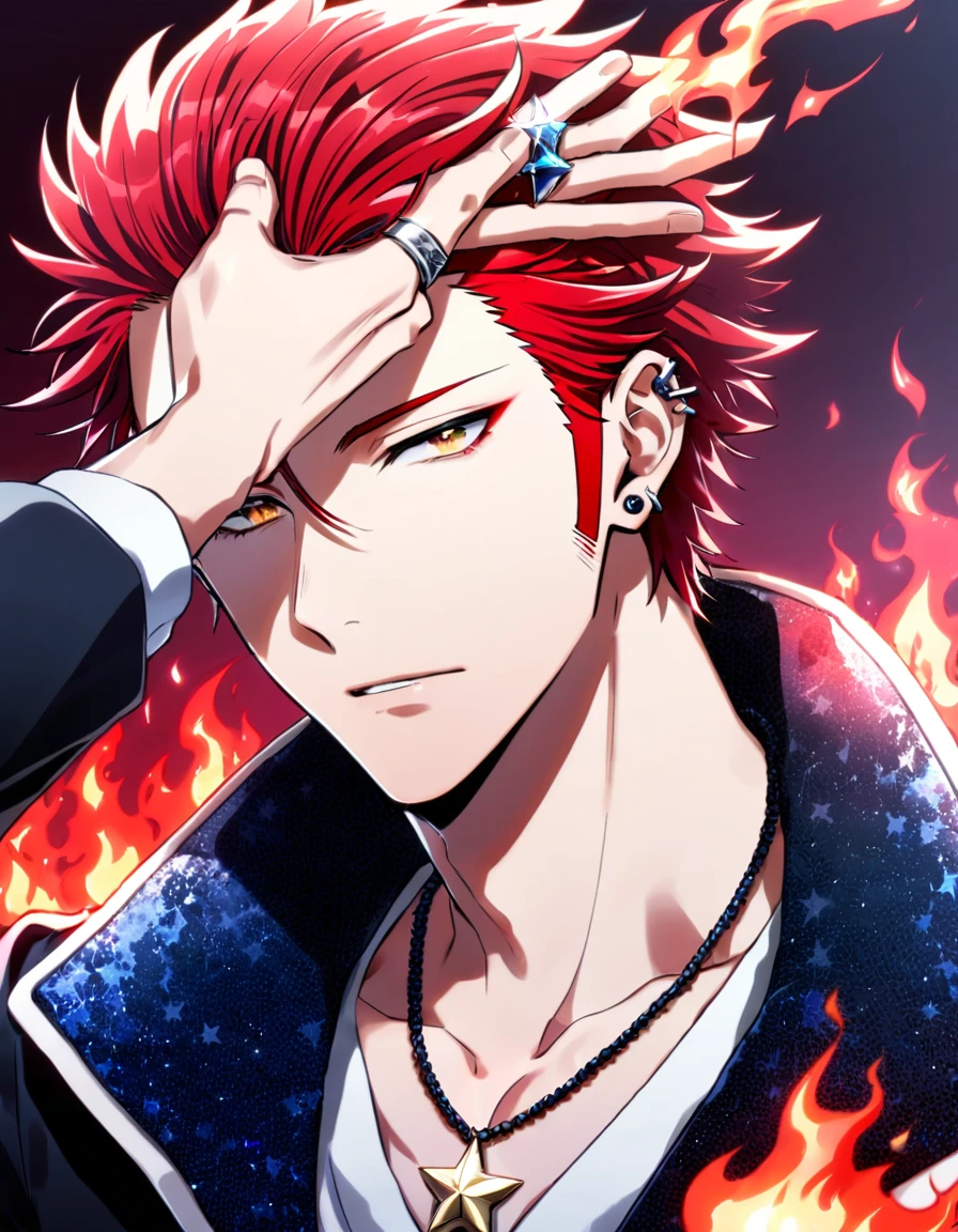 a man with red hair and a shirt on, is staring at something, dark red hair, red messy hair, burgundy hair color, ichigo kurosaki, handsome guy in demon slayer art, joker looks like naruto, smileing nright, joker as naruto, with index finger, roguish smirk, [[[[grinning evily]]]], boku no hero academia style, key anime visuals, uncanny smile