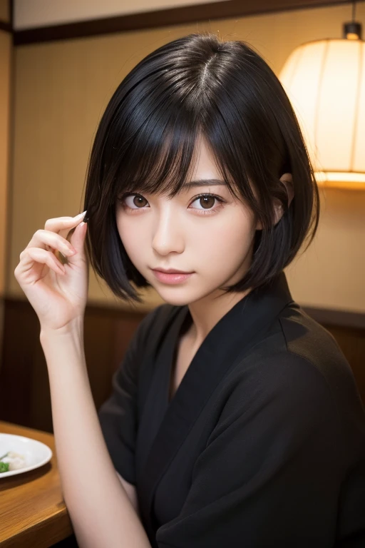 (High resolution:1.3), (16k, Photorealistic, Raw photo, Best image quality: 1.4), Japanese, (One Girl), Beautiful Face, (A vivid face), (Black-haired、short hair:1.3), Beautiful Hairstyles, Realistic eyes, Beautifully detailed eyes, (Realistic Skin), Beautiful skins, attractive, 超A high resolution, Surreal, High detail, Golden Ratio, Highly detailed cute girl,(20-year-old), Japanese Restaurants、Private room