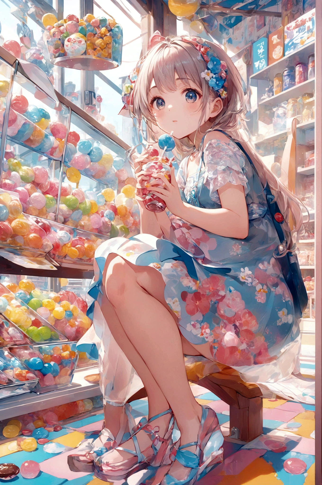 Anime girl sitting on a bench in a candy shop, Cute Anime Girl, Splash Art Anime , In a dress, Cute Anime Girl, Soda themed girl, Cute anime waifu in a nice dress, Beautiful Anime Girls, Lo-fi Girl, Anime Style 4k, anime art wallpaper 4k, pixiv artstation の guweiz, anime art wallpaper 4k