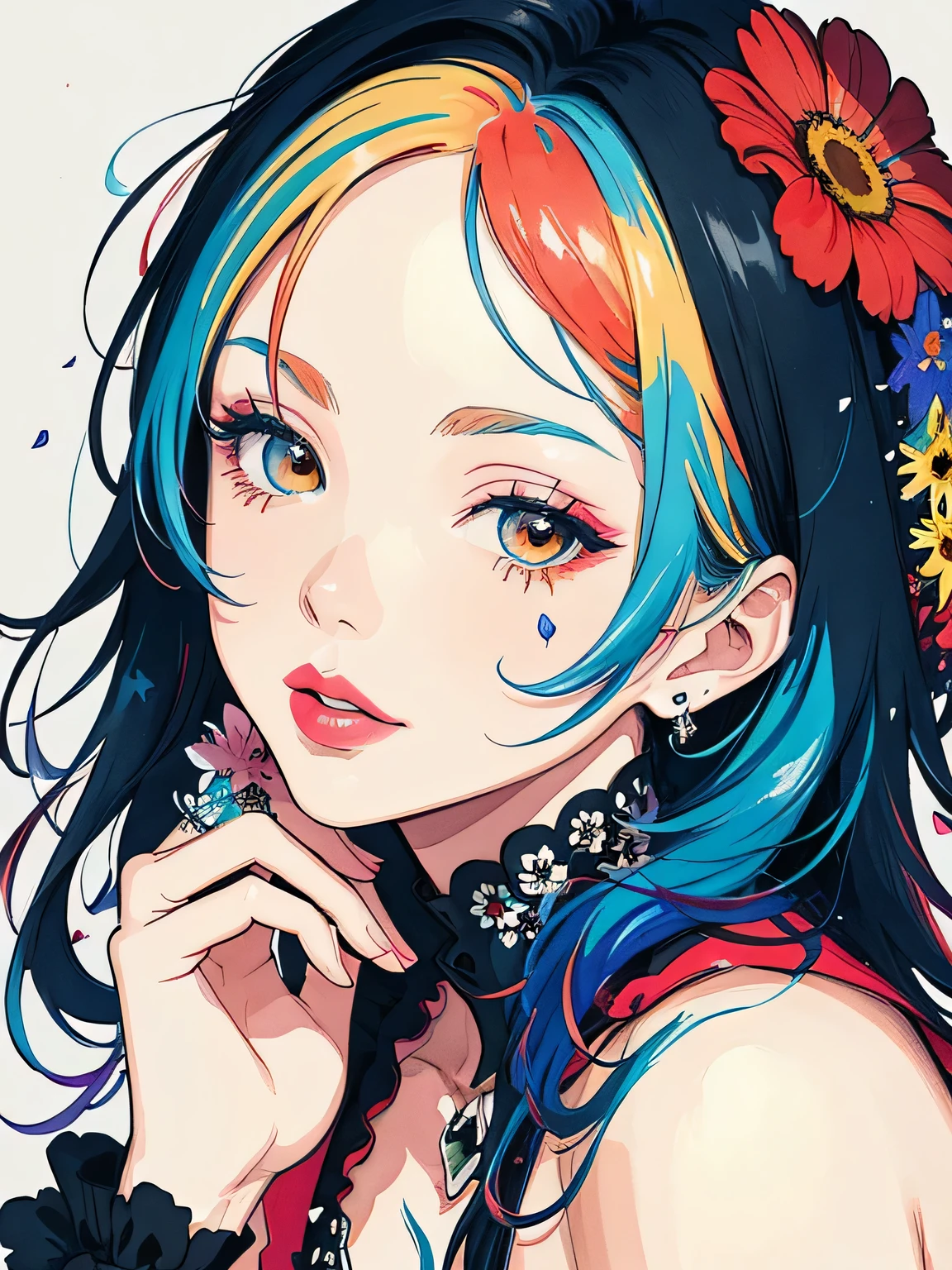 Black Star Red and White Style、(((stylish fashion))), 8K Quality、Intense watercolor, Detailed watercolor art, Watercolor splash, Surreal, avant-garde pop art, Beautiful and expressive paintings, Beautiful artwork illustration, Very colorful tones, wonderful, Cool beauty, highest quality、Official Art, Vector art, Stylish design, (((The most beautiful girl))), (((highest quality))), HDR, ((detailed)), (((Doodle Art)), ((masterpiece)), ((Super detailed)), (((Colorful flowers))),(((Stylish))), Lips in Love, Background is SKULL