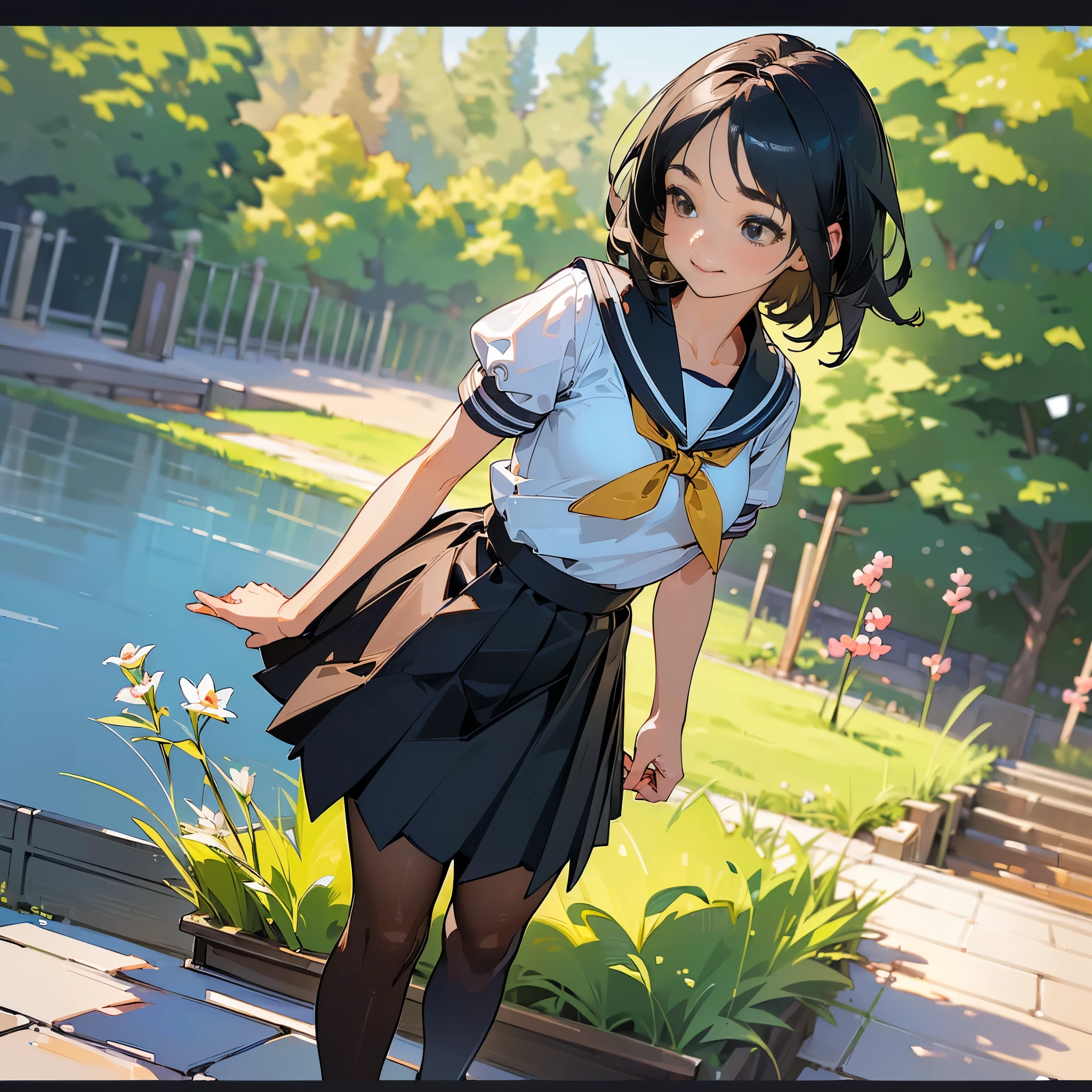 (highest quality, High resolution, Super detailed, Realistic:1.37), Peaceful atmosphere, (Outdoor, garden), Teenage girl standing alone,(my breasts are big.),Beautifully detailed features, Cute Smile, ((Black bob hair)),Short-sleeved sailor uniform, Pleated skirt,Black tights,Brown leather shoes.