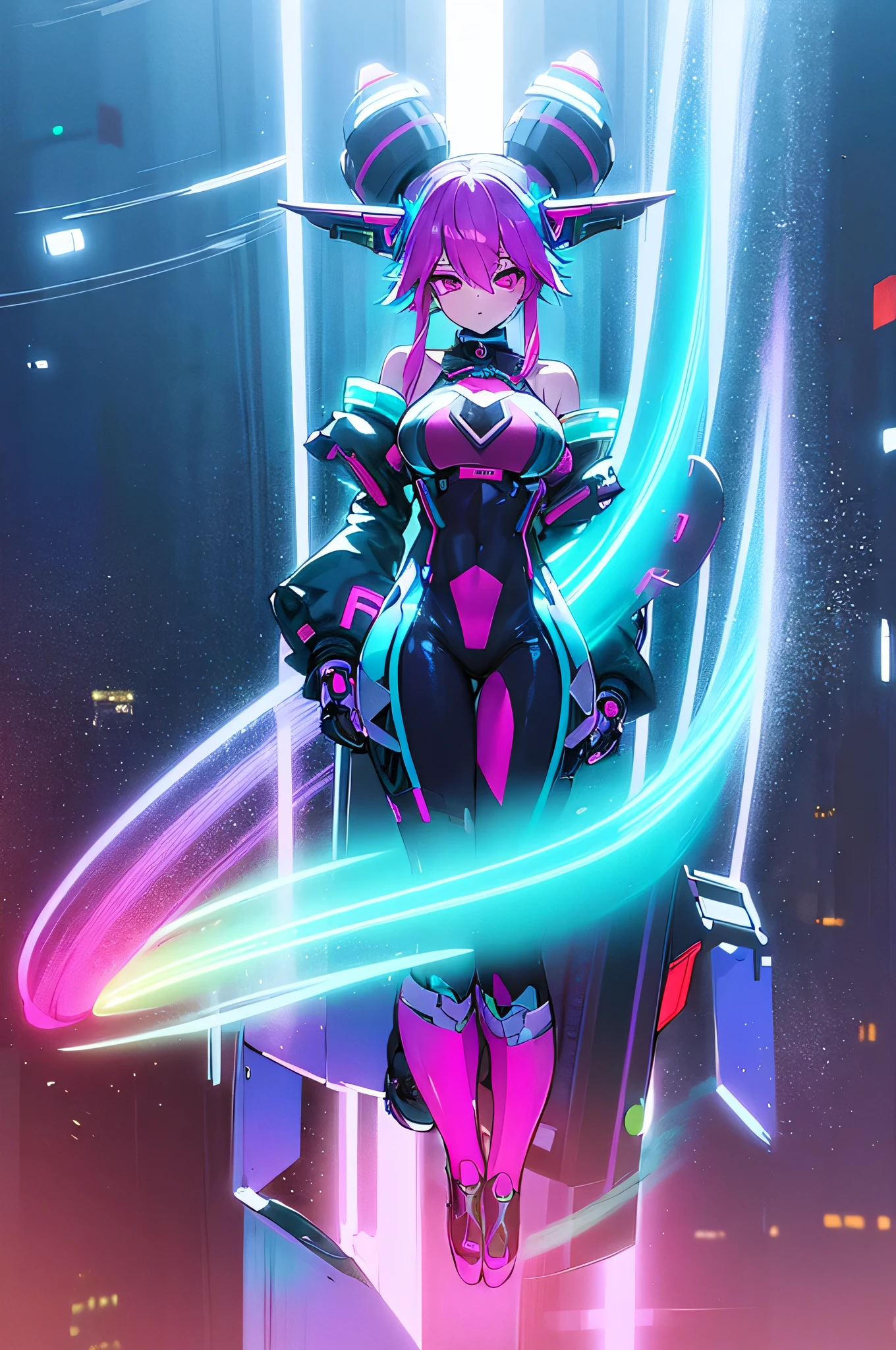 「Full body、In a futuristic cyberpunk city background、Create a portrait of a beautiful Japanese girl with colorful hair sitting on a rainbow-colored object。Her hair is neon pink、blue、Greens mixed together、It reflects light and shines brightly。Her eyes shine like the Milky Way、It looks like you&#39;re wearing futuristic contact lenses。High-tech earpieces are fitted to the ears.、She is wearing a black and yellow tank top。The tank top has a metallic texture.、Features pink and yellow accents。I&#39;m wearing the shorts from the set。In the background, skyscrapers with neon lights shine.、The city&#39;s night view spreads out。The overall atmosphere is、It expresses the futuristic and energetic worldview of cyberpunk.。」