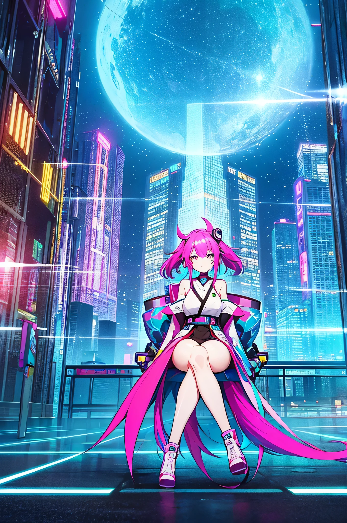 「Full body、In a futuristic cyberpunk city background、Create a portrait of a beautiful Japanese girl with colorful hair sitting on a rainbow-colored object。Her hair is neon pink、blue、Greens mixed together、It reflects light and shines brightly。Her eyes shine like the Milky Way、It looks like you&#39;re wearing futuristic contact lenses。High-tech earpieces are fitted to the ears.、She is wearing a black and yellow tank top。The tank top has a metallic texture.、Features pink and yellow accents。I&#39;m wearing the shorts from the set。In the background, skyscrapers with neon lights shine.、The city&#39;s night view spreads out。The overall atmosphere is、It expresses the futuristic and energetic worldview of cyberpunk.。」