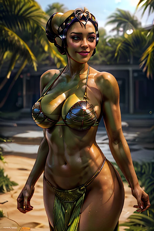 ((best quality)), ((masterpiece)), ((Twilek)), short, feminine, ((round bikini top)), ((long green grass skirt)), ((long skirt made from green grass)), (petite, slim body), (seductive smile), pale skin, glowing skin, shiny skin, detailed skin texture, beautiful face, 22 year-old Twilek woman, (mature), ((big boobs)), ((large breasts)), ((cleavage)), small cheeks, , fringe trim, neat fringe, shiny eyes, beautiful, bare shoulders, ((bare neck)), ((bare arms)), ((midriff)), ((bare arms)), ((bare sleeves)), bare sideboobs, (((hands touching cleavage))), glossy lips, sexy, mascara, thick eyelashes, brilliant colors, 2k, 4k, 8k, high definition, ((((ultra realistic)))), ((((extremely detailed)))), (((beautifully detailed background))), intricate background, ((beach background)), flirty eyes, cheeky at you, rim lighting, (high-resolution:1.2), perfect lighting, cinematic lighting, bokeh, light bloom, vivid colors