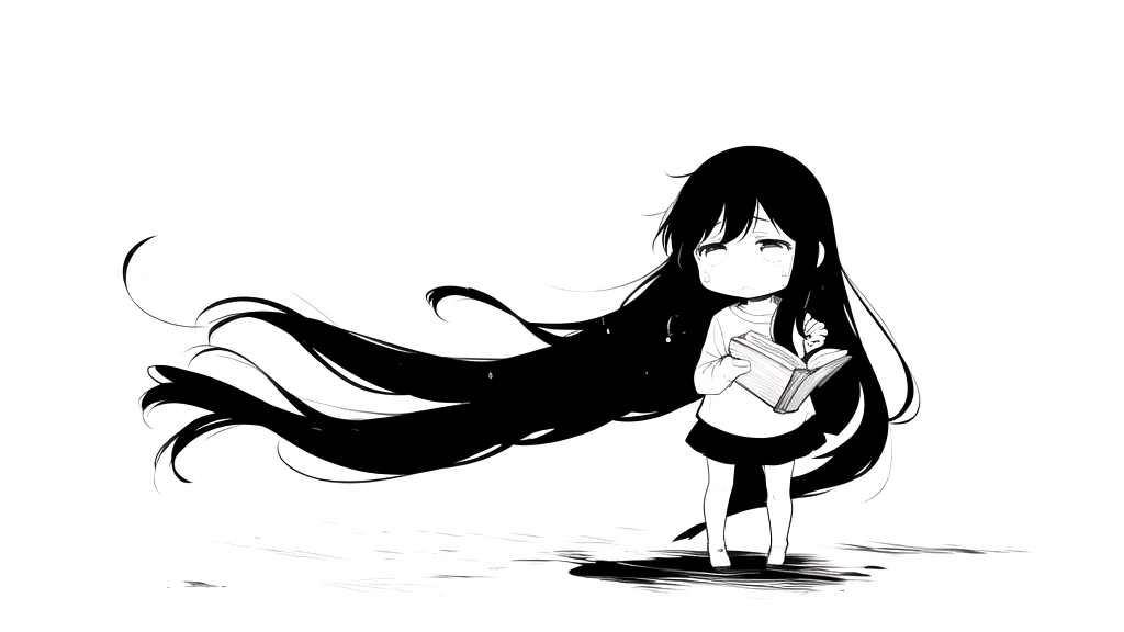 best quality, chibi, 1 girl,Long black hair,(full body), Pure white background,Vivid,clearly,sad face,rain,snow,Are crying,shout,Very long black hair blowing in the wind,Falling over,Are crying,holding a book in hand