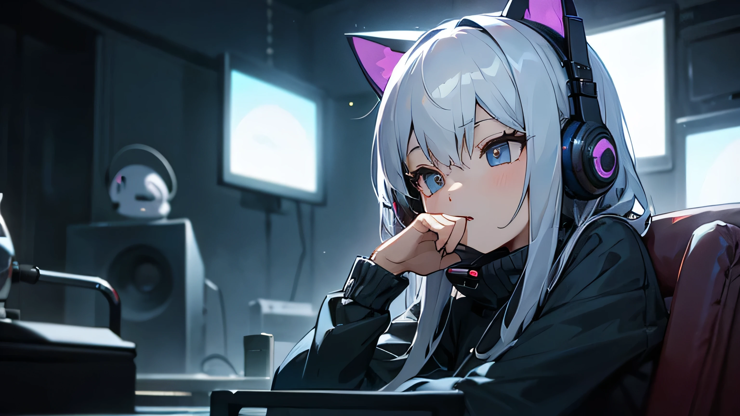 Room with speakers、Cat with headphones、Upper body close-up、night、Silver Hair、Yawn