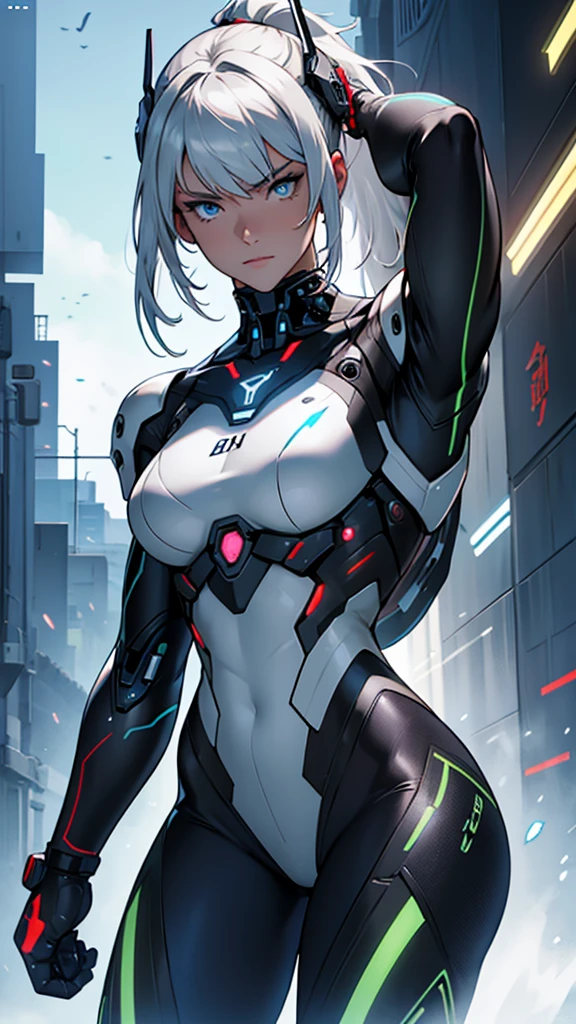 Beautiful cybernetic girl looking at camera in mobile cybernetic battle suit detailed muscles realistic masterpieces full figure pose