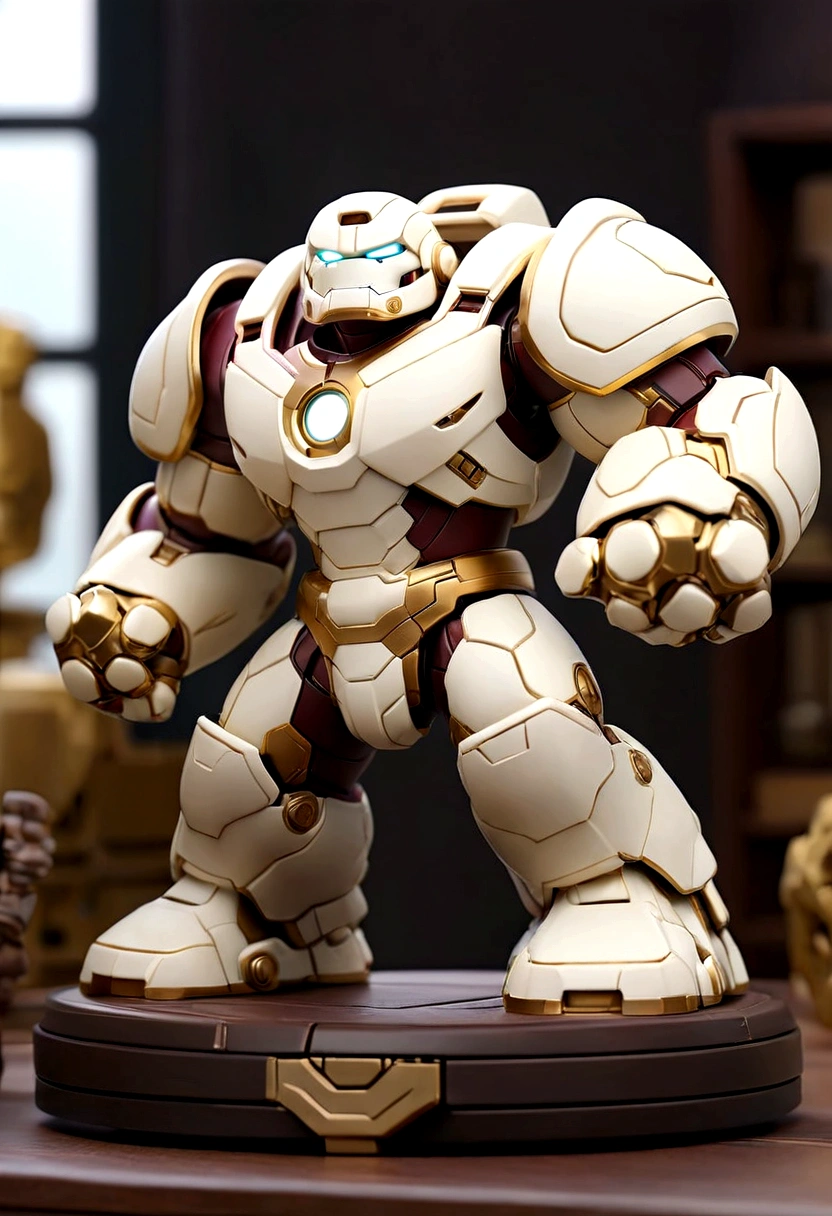 a small white hulkbuster samurai  figure on the table, gold mecha accent, hero pose