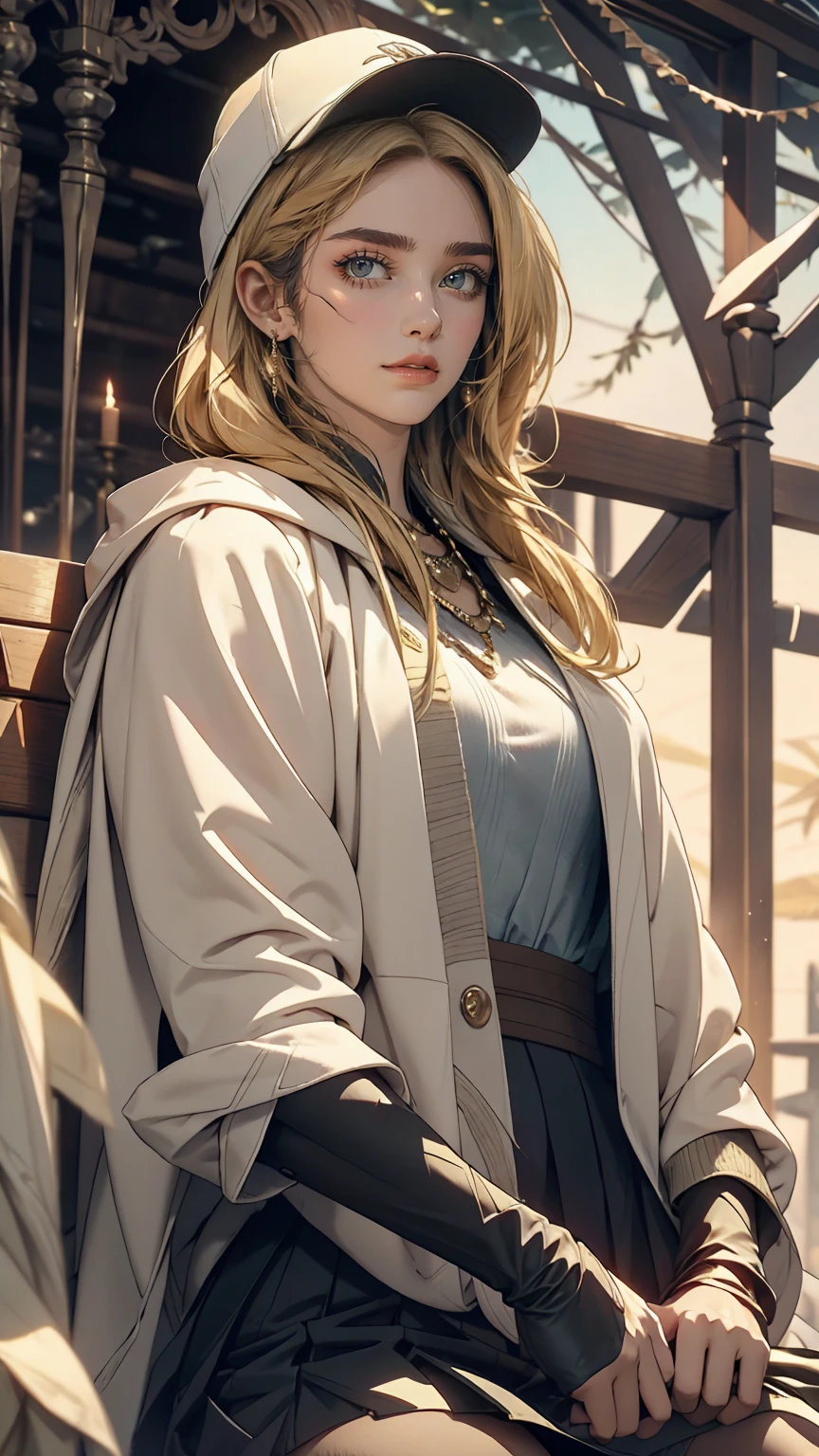 Medium Shot, Medium Shot, Depth of written boundary, bust, Upper Body, Movie angle, masterpiece, highest quality, Very detailed, CG, 8k wallpaper, Pretty face, Delicate eyes, Otome, alone, Long white hair, Yellow Eyes, hairpin, White shirt, black hooded jacket, Black baseball cap, Black Stockings, Black knee-high boots, sunset, 中世のport, port, Detailed water surface, Sun reflection