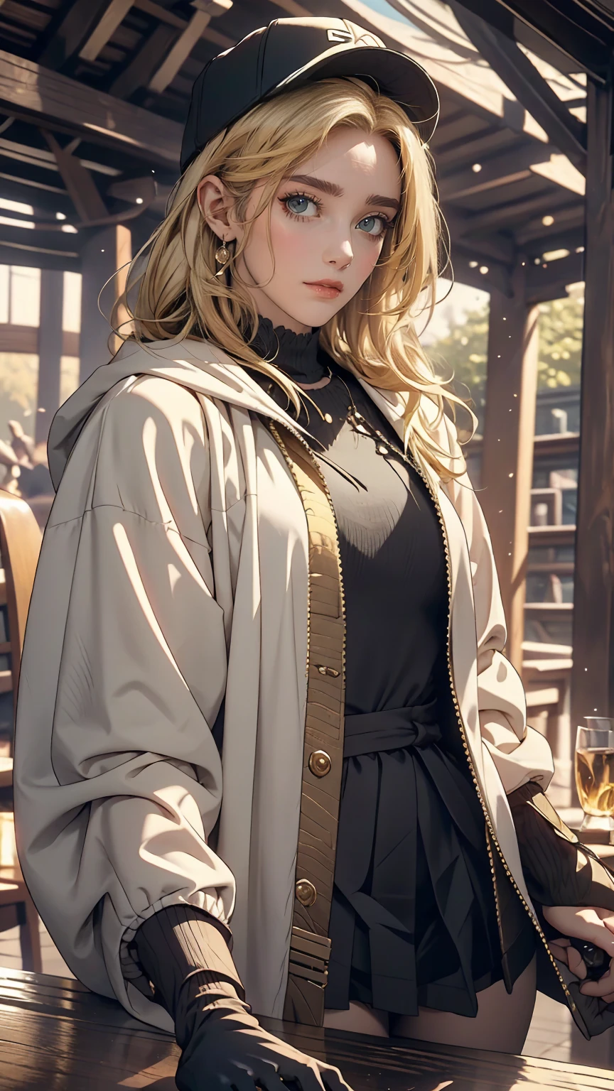 Medium Shot, Medium Shot, Depth of written boundary, bust, Upper Body, Movie angle, masterpiece, highest quality, Very detailed, CG, 8k wallpaper, Pretty face, Delicate eyes, Otome, alone, Long white hair, Yellow Eyes, hairpin, White shirt, black hooded jacket, Black baseball cap, Black Stockings, Black knee-high boots, sunset, 中世のport, port, Detailed water surface, Sun reflection