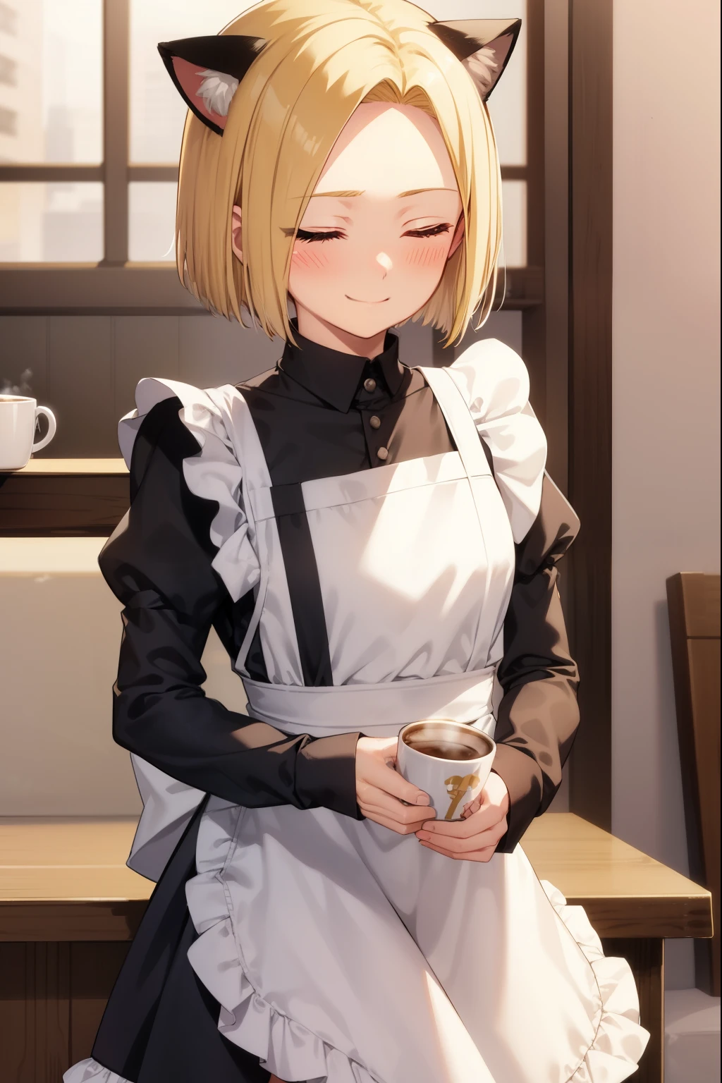 Android 18,smile,shy,Close ~ eyes,blush,Maid clothes,Cat ear,coffee shop,blonde,short hair,Cat'tail,White skin,