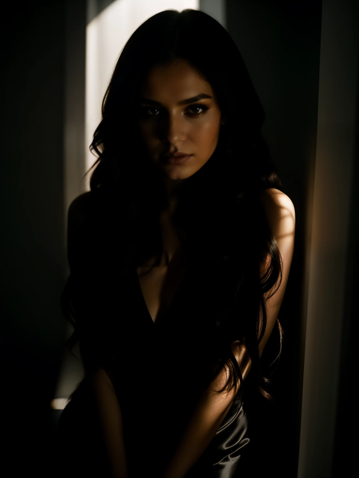 28 years old woman posing for photo with long hair black dress, dramatic lighting across face, looking above the shoulder, beautiful portrait lighting, (((beautiful rim light))), detailed face, detailed shadow, medium portrait soft light, Dramatic low-key lighting, portrait soft low light, portrait soft light, 7 0 mm dramatic lighting, Dramatic soft shadow lighting, low key lighting, Soft light with contrast between light and dark, Understated dramatic lighting, Dramatic lighting of the face