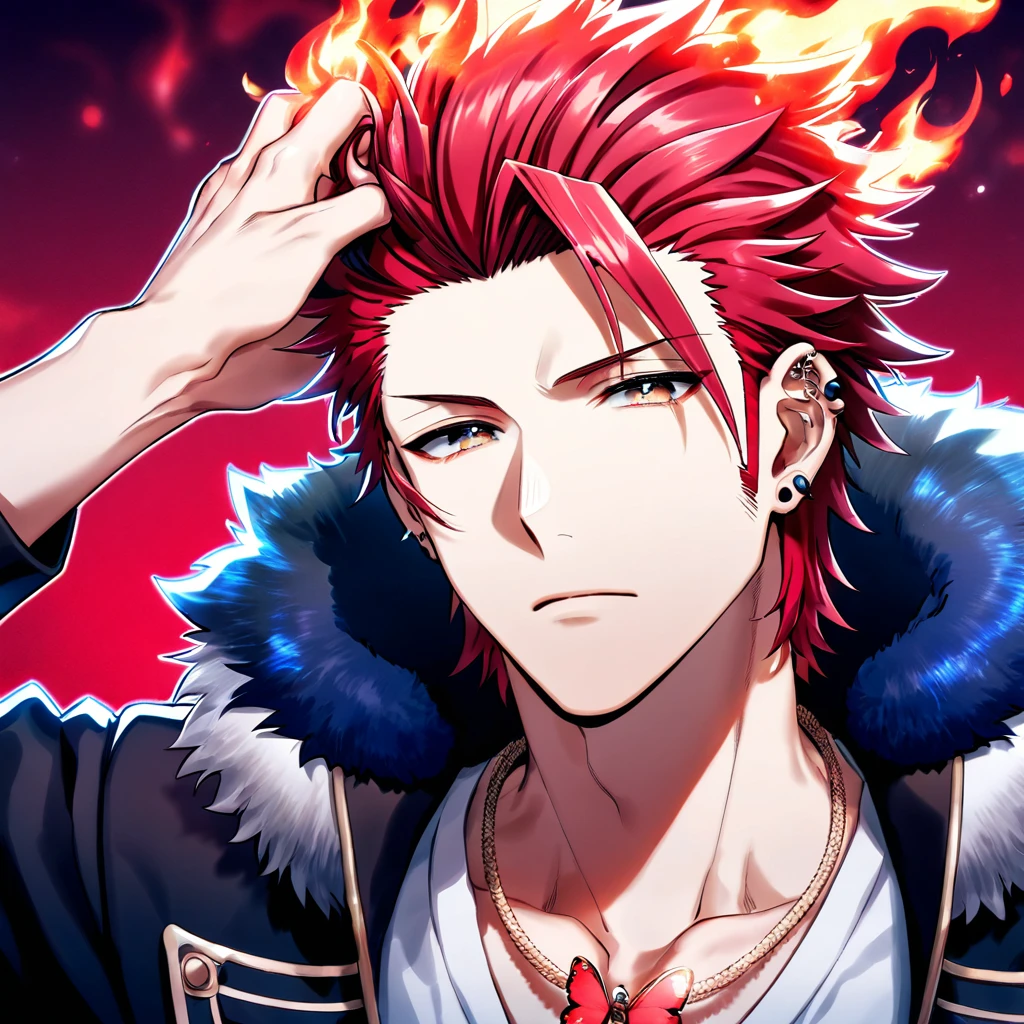 Ultra detailed, highres, absurdres, HDR, Suoh Mikoto, red hair is kept short and ruffled, hair spiked with two strands of hair near the opposite sides of his head falling over his face with distinct sideburns, expressive golden eyes, K Project, black jacket with a fur collar, white V-neck underneath, a star-shaped necklace, a piercing in his left ear, fire, handsome, sexy man, red background, small red butterflies, flames