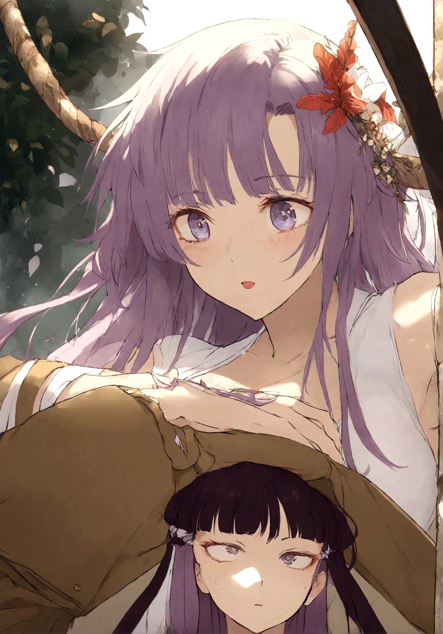 Create an image for the story cover, retratando Gojo e Utahime em trajes da monarquia inglesa. Gojo, com cabelos cinza e olhos azuis intensos, is portrayed with a mysterious and charismatic expression. Utahime, de cabelos pretos, exibe uma cicatriz distintiva no rosto, reflecting your strength and determination. The scene should capture a moment of tension or connection between them, destacando a complexidade de seu relacionamento."