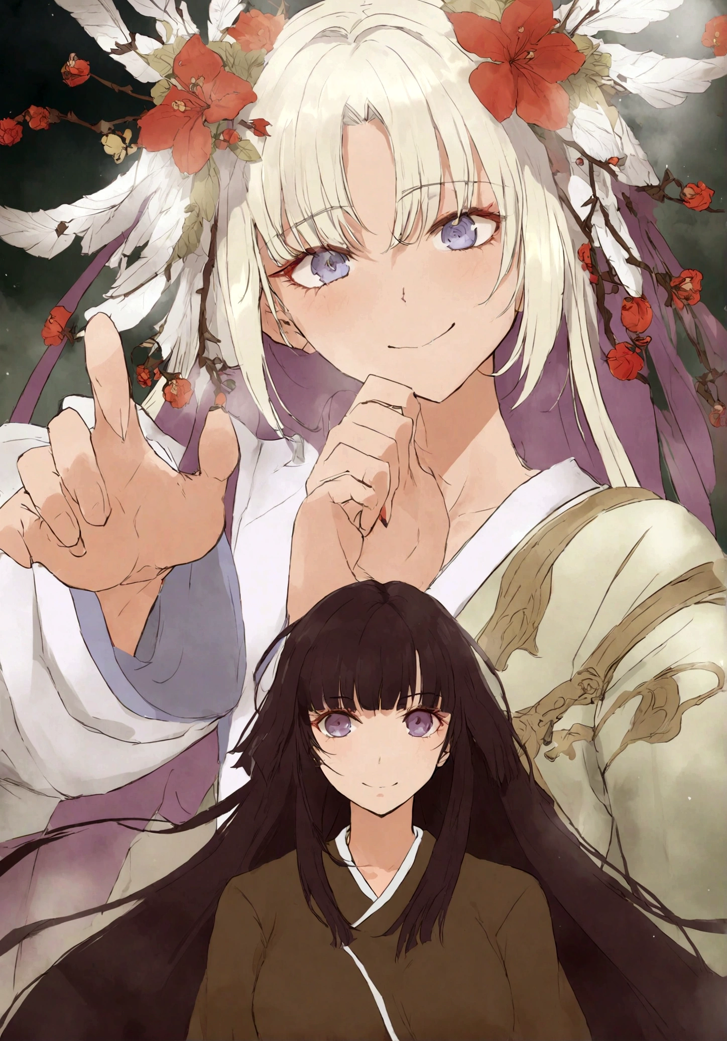 Create an image for the story cover, retratando Gojo e Utahime em trajes da monarquia inglesa. Gojo, com cabelos cinza e olhos azuis intensos, is portrayed with a mysterious and charismatic expression. Utahime, de cabelos pretos, exibe uma cicatriz distintiva no rosto, reflecting your strength and determination. The scene should capture a moment of tension or connection between them, destacando a complexidade de seu relacionamento."