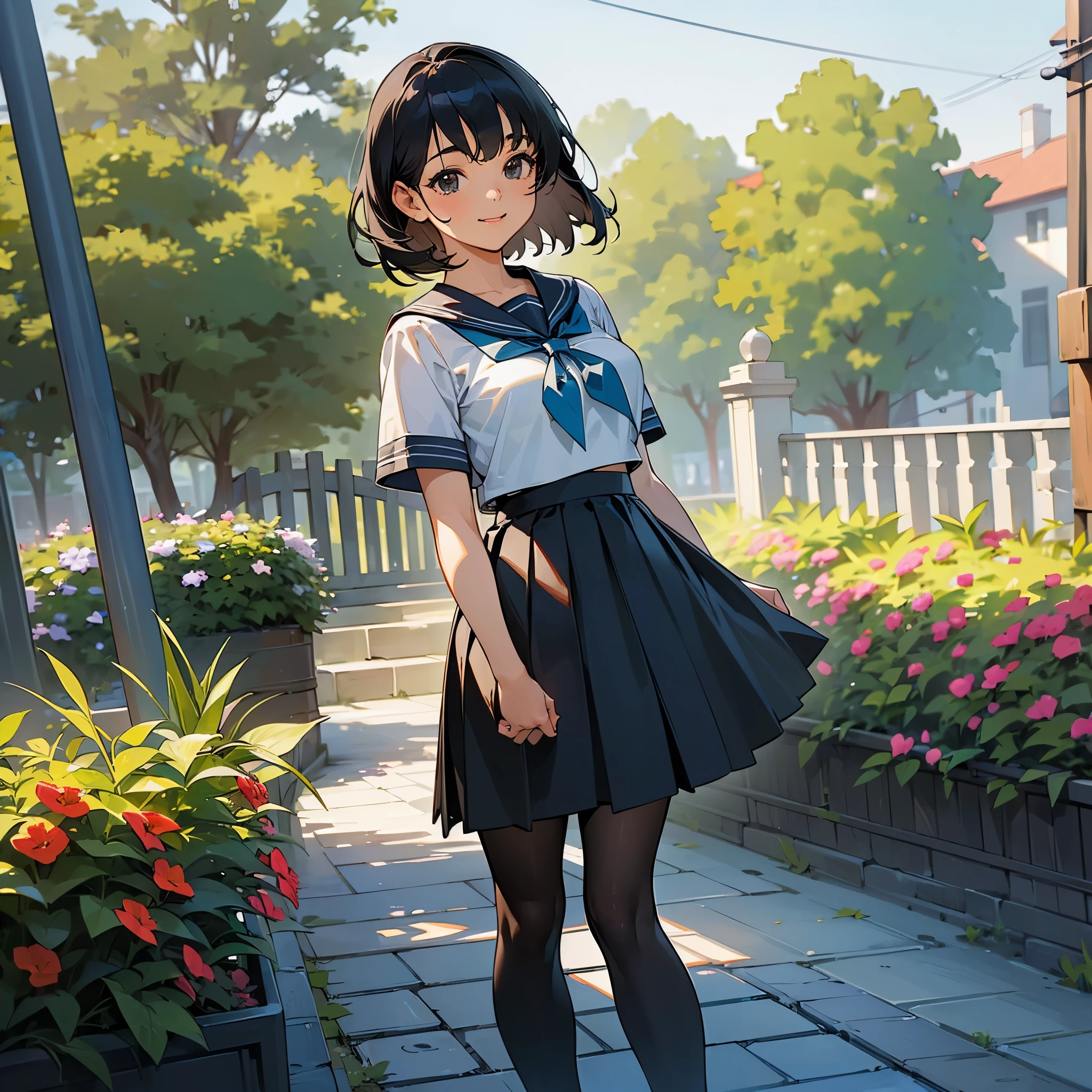 (highest quality, High resolution, Super detailed, Realistic:1.37), Peaceful atmosphere, (Outdoor, garden), Teenage girl standing alone,(my breasts are big.),Beautifully detailed features, Cute Smile, ((Black bob hair)),Short-sleeved sailor uniform, Pleated skirt,Black tights,Brown leather shoes.