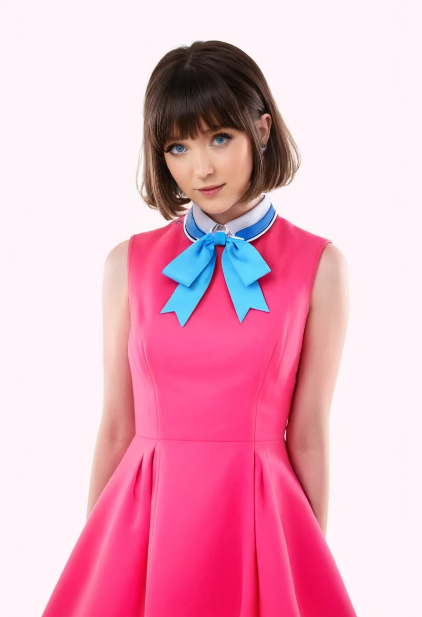 masterpiece, best quality, highres, serena (pokemon), short hair, blue eyes, 1girl, solo, blue ribbon, eyelashes, neck ribbon, sleeveless, bangs, collarbone, bare arms, pink dress , red coat, white background, front, no scenery, looking at the viewer,upper body, facing viewer, solid color background, clean background, facing the camera, high resolution, expressionless calm face, white back ground, looking away, simple_background