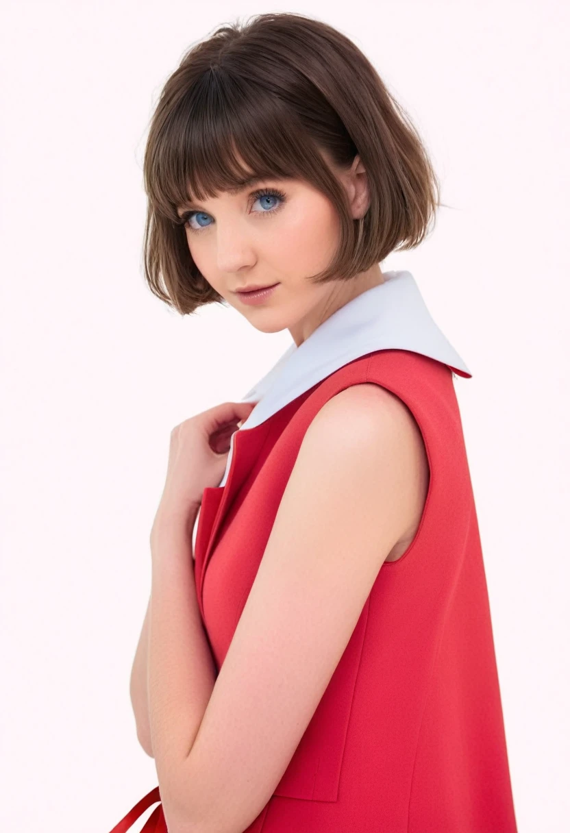 masterpiece, best quality, highres, serena (pokemon), short hair, blue eyes, 1girl, solo, blue ribbon, eyelashes, neck ribbon, sleeveless, bangs, collarbone, bare arms, pink dress , red coat, white background, front, no scenery, looking at the viewer,upper body, facing viewer, solid color background, clean background, facing the camera, high resolution, expressionless calm face, white back ground, looking away, simple_background