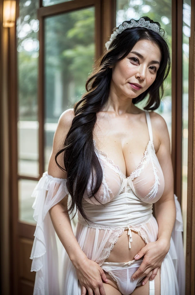 NSFW, ((highest quality)), ((8K)), ((masterpiece:1.3)), (be familiar with), perfect face, ((japanese woman)), (Married woman), ((47 years old)), (( giant big big sagging breasts:1.4 )), large hips, slim waist (((Layering petticoat dress and underwear))), ((Silk petticoat dress)), (Transparent white pericoat dress:1.05), (white bra:1), (2 sets of shoulder straps), (Bunty), (wrinkles on the face:1.2), ((wrinkles at the corners of the eyes)), A slightly gloomy look, (lips slightly open), (Look diagonally forward to the left:1.3), (Long wavy hair), double upper eyelid, (whole body), standing posture, barefoot,