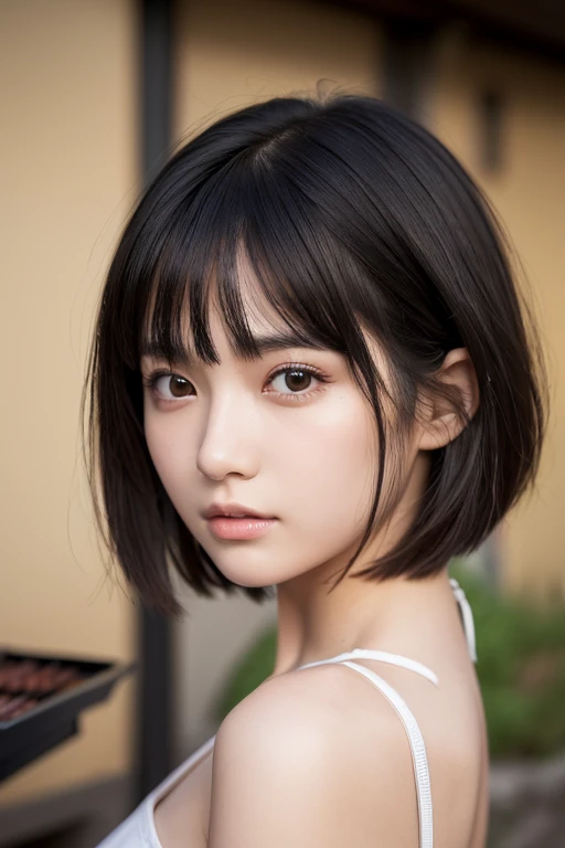 (High resolution:1.3), (16k, Photorealistic, Raw photo, Best image quality: 1.4), Japanese, (One Girl), Beautiful Face, (A vivid face), (Black-haired、short hair:1.3), Beautiful Hairstyles, Realistic eyes, Beautifully detailed eyes, (Realistic Skin), Beautiful skins, attractive, 超A high resolution, Surreal, High detail, Golden Ratio, Highly detailed cute girl,(20-year-old),  (BBQ house)