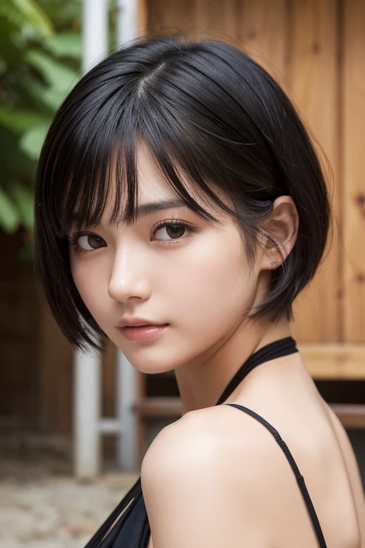 (High resolution:1.3), (16k, Photorealistic, Raw photo, Best image quality: 1.4), Japanese, (One Girl), Beautiful Face, (A vivid face), (Black-haired、short hair:1.3), Beautiful Hairstyles, Realistic eyes, Beautifully detailed eyes, (Realistic Skin), Beautiful skins, attractive, 超A high resolution, Surreal, High detail, Golden Ratio, Highly detailed cute girl,(20-year-old), (BBQ house)