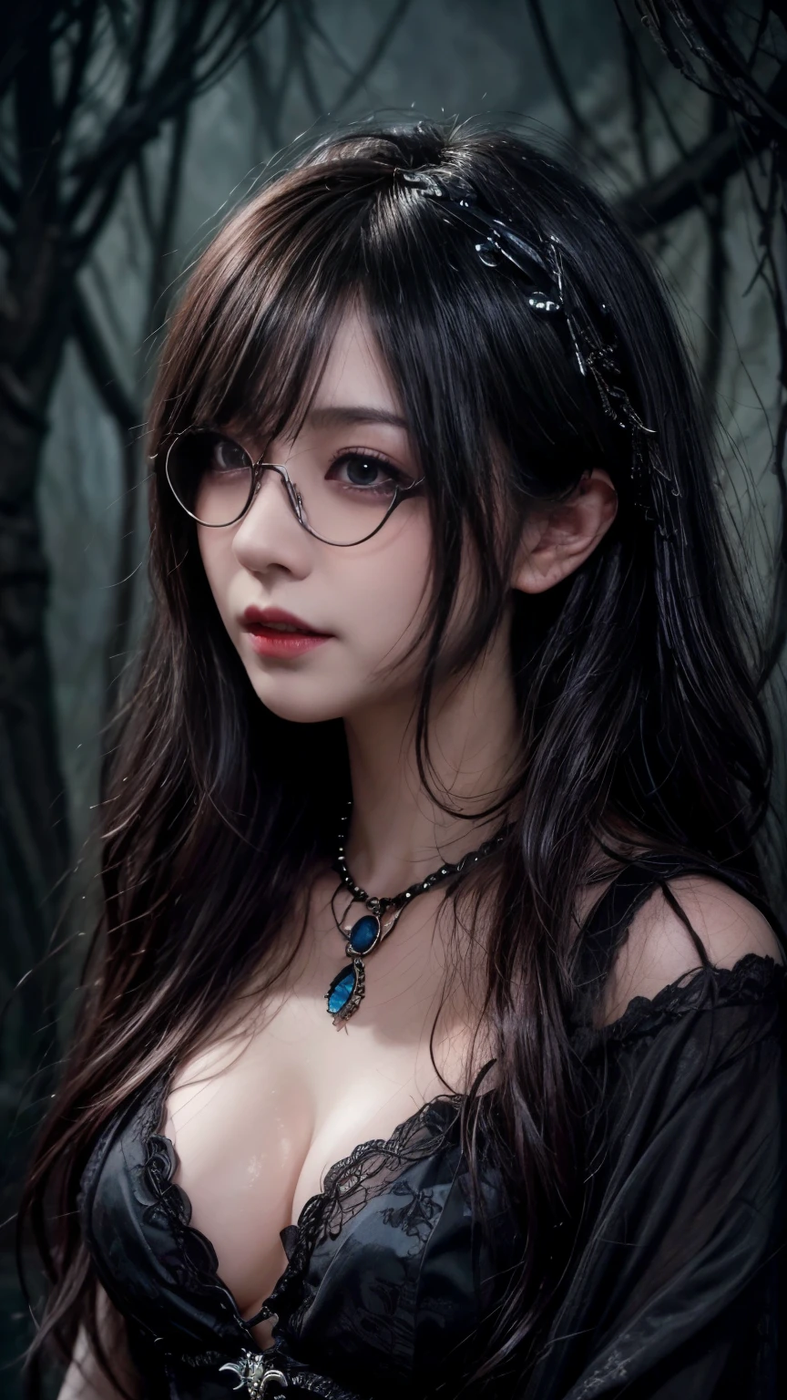 (highest quality,4K,8k,High resolution,masterpiece:1.2),Very detailed,(Realistic,photoRealistic,photo-Realistic:1.37), Close-up of a woman with dark hair and a black dress, Dark Eyes,an ominous笑顔,((((Glasses))))、((((big sapphire necklace))))、Evil Aura,Burning Flames,Soul Corruption,Dark Shadows,an ominous雰囲気,Strange symbols,Cursed Land,Eternal Darkness,Unforgettable Exists,Intimidating person,Grotesque features,Horror Scene,twisted reality,Scary atmosphere,A wonderful work of art,Evil Unleashed,Supernatural horror,Spooky art,nightmare fuel,Terrifyingly clear,Abstract fear,Terrifyingly beautiful,masterpiece,Fear incarnate,Shadow Chaos,Exists,to be born々Shii Darkness,in style of Dark Fantasy Art, Dark Fantasy Art, Beautiful and elegant queen of darkness, Dark Fantasy Art, fantasy dark art, Dark fantasy digital art, Gothic fantasy art, Gothic Dark Maiden, Detailed Texture,Spooky creatures,an ominous雰囲気,Mythical,Space horror,darkness,Mysterious,Dark aesthetic,Fog Background,Eyes of another world,Ancient Gods々々々々々々, Powerful wizard, MysteriousStanding in the woods. Flowing robes decorated with symbols, Arms stretched out, Powerful,Tentacles,Pitch black blackness,Majestic,Unfathomable depth,nightmare,The Exists of the universe,an ominousExists,seeping darknesss,Secrets of the Universe, (Spooky atmosphere), (((Dramatic Shadows), (Dynamic pose), ((Artistically expressed)), ((charm), (Gothic), (Mysterious Setting), (Moody color palette), (Skillfully drawn), (sense of unease), (Intricate details), (an ominous smile), (an ominous), (charm eyes), (Horror elements), (charm composition), (Impressive anatomy),(Striking contrast))), (Interesting character designs)、Dark Fantasy Portrait, Portrait of the Dark Goddess,