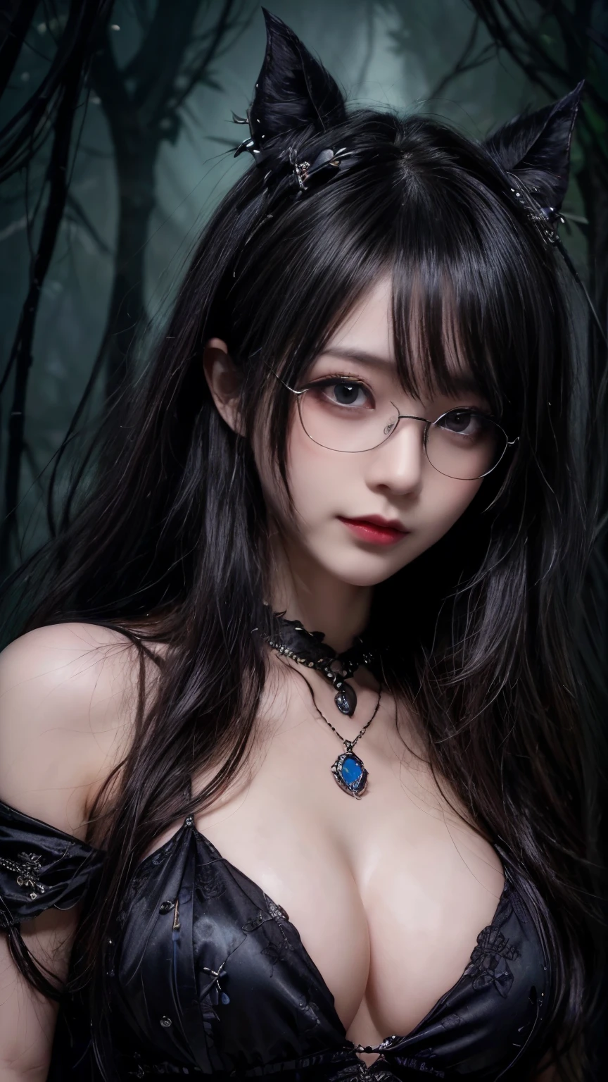 (highest quality,4K,8k,High resolution,masterpiece:1.2),Very detailed,(Realistic,photoRealistic,photo-Realistic:1.37), Close-up of a woman with dark hair and a black dress, Dark Eyes,an ominous笑顔,((((Glasses))))、((((big sapphire necklace))))、Evil Aura,Burning Flames,Soul Corruption,Dark Shadows,an ominous雰囲気,Strange symbols,Cursed Land,Eternal Darkness,Unforgettable Exists,Intimidating person,Grotesque features,Horror Scene,twisted reality,Scary atmosphere,A wonderful work of art,Evil Unleashed,Supernatural horror,Spooky art,nightmare fuel,Terrifyingly clear,Abstract fear,Terrifyingly beautiful,masterpiece,Fear incarnate,Shadow Chaos,Exists,to be born々Shii Darkness,in style of Dark Fantasy Art, Dark Fantasy Art, Beautiful and elegant queen of darkness, Dark Fantasy Art, fantasy dark art, Dark fantasy digital art, Gothic fantasy art, Gothic Dark Maiden, Detailed Texture,Spooky creatures,an ominous雰囲気,Mythical,Space horror,darkness,Mysterious,Dark aesthetic,Fog Background,Eyes of another world,Ancient Gods々々々々々々, Powerful wizard, MysteriousStanding in the woods. Flowing robes decorated with symbols, Arms stretched out, Powerful,Tentacles,Pitch black blackness,Majestic,Unfathomable depth,nightmare,The Exists of the universe,an ominousExists,seeping darknesss,Secrets of the Universe, (Spooky atmosphere), (((Dramatic Shadows), (Dynamic pose), ((Artistically expressed)), ((charm), (Gothic), (Mysterious Setting), (Moody color palette), (Skillfully drawn), (sense of unease), (Intricate details), (an ominous smile), (an ominous), (charm eyes), (Horror elements), (charm composition), (Impressive anatomy),(Striking contrast))), (Interesting character designs)、Dark Fantasy Portrait, Portrait of the Dark Goddess,